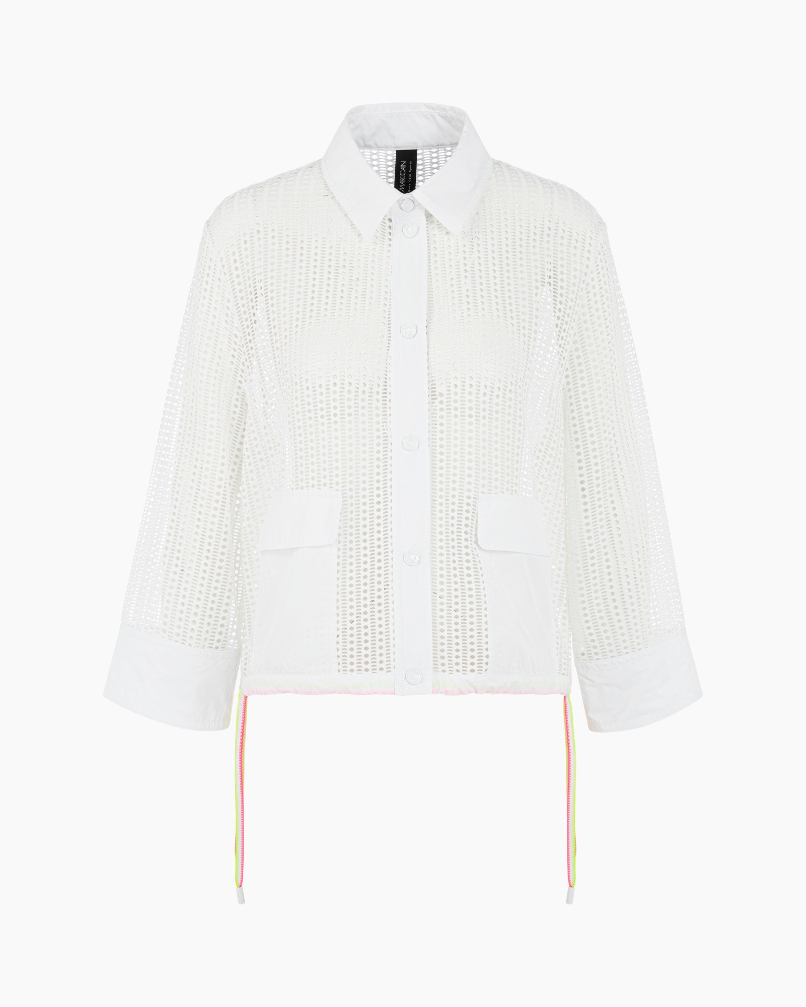 white cardigan, mesh knit, button front, collar, pocket, neon trim
