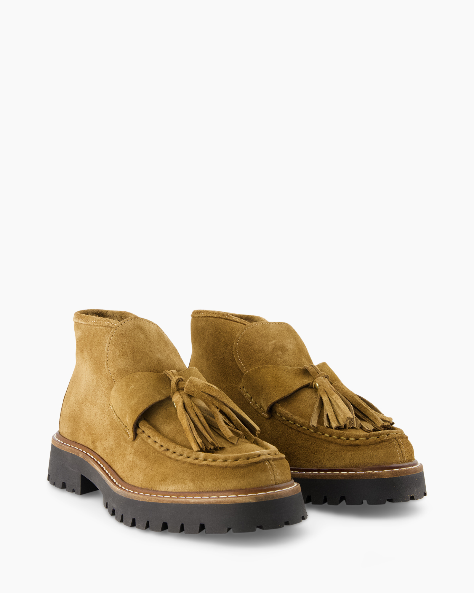 ankle boots, tassel, mocassin, suede, tan