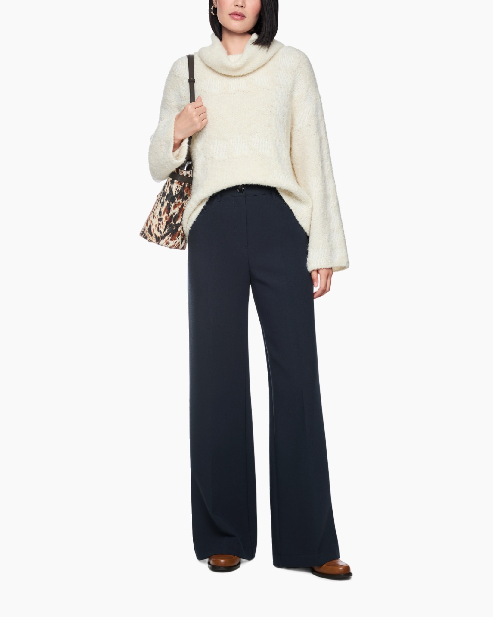 turtleneck, knit sweater, cream, wide-leg pants, purse