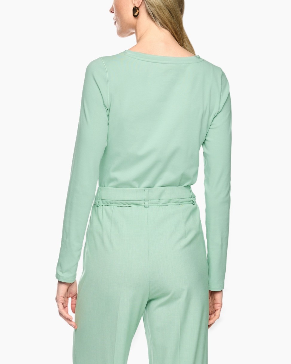 top, mint green, long sleeve, crew neck, belted pants