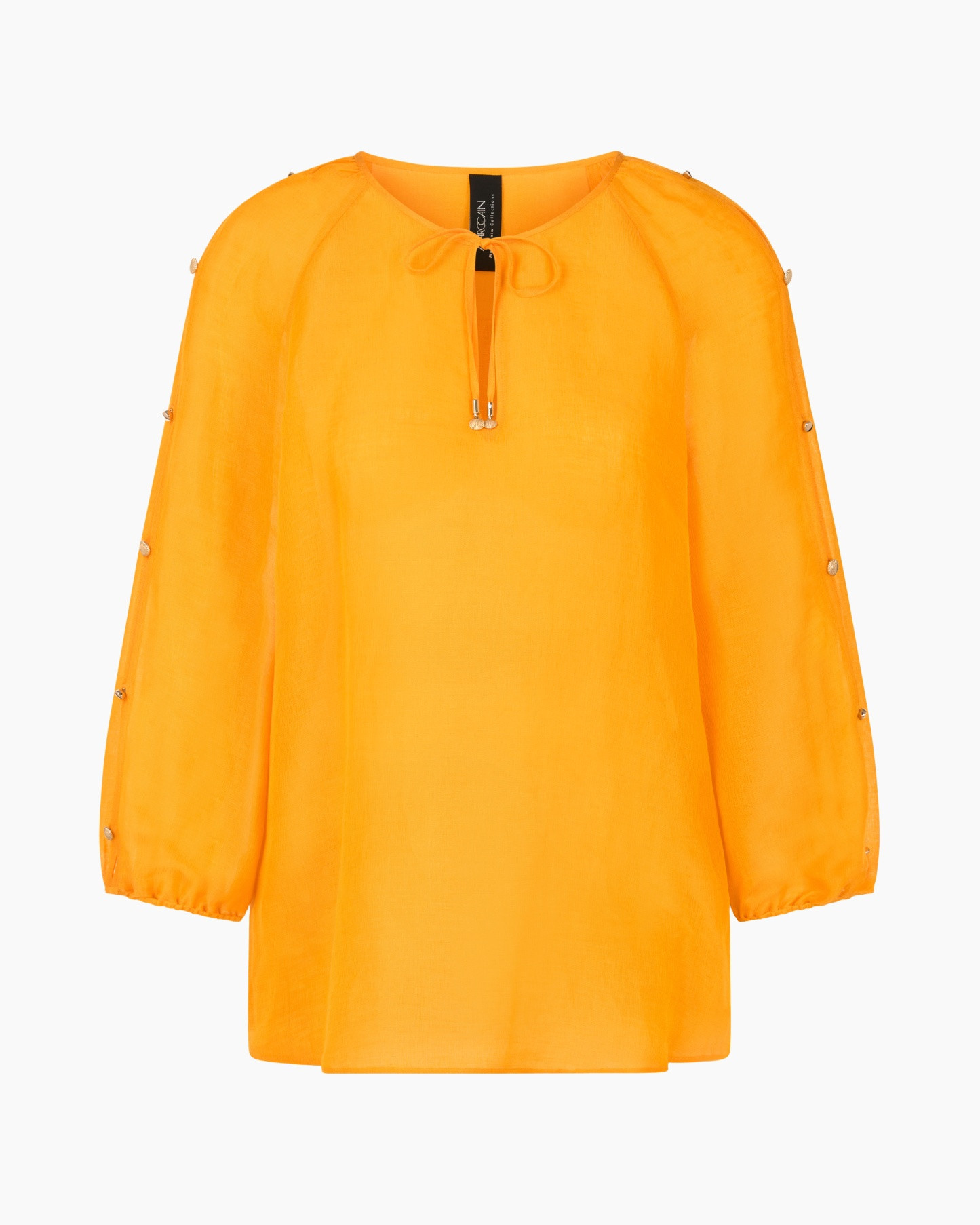 blouse, flounce sleeve, orange, tie-neck, button detailing