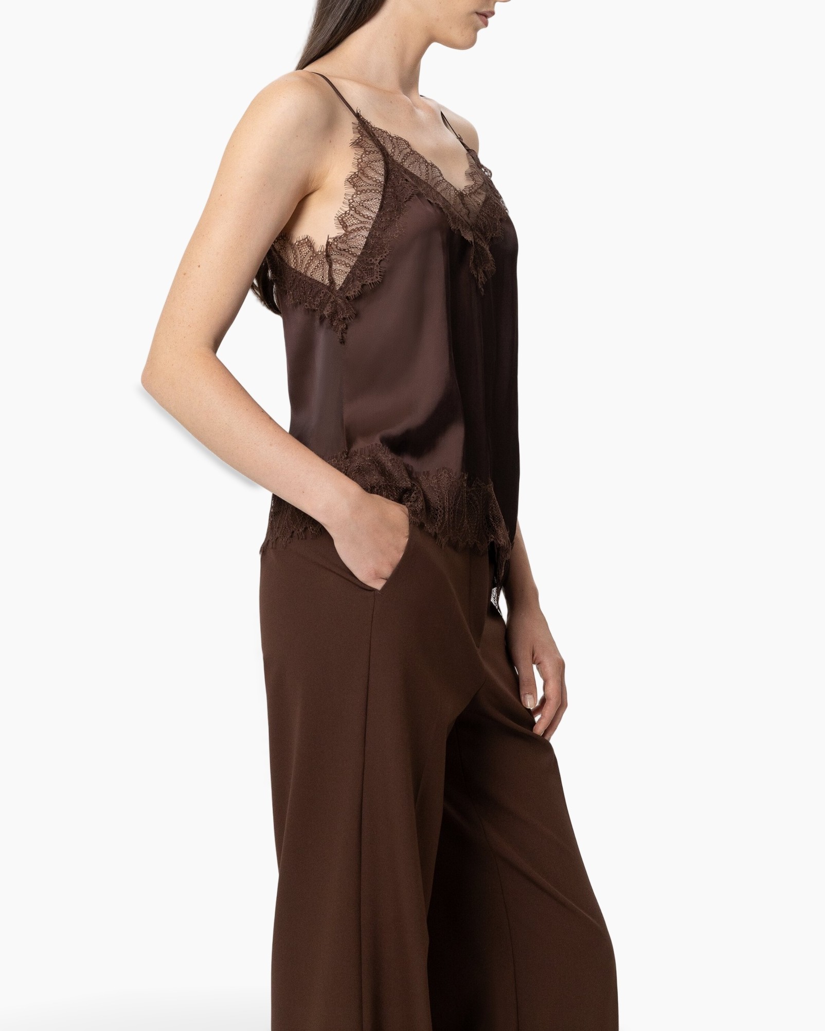 slip, pajama top, lace trim, spaghetti straps, brown