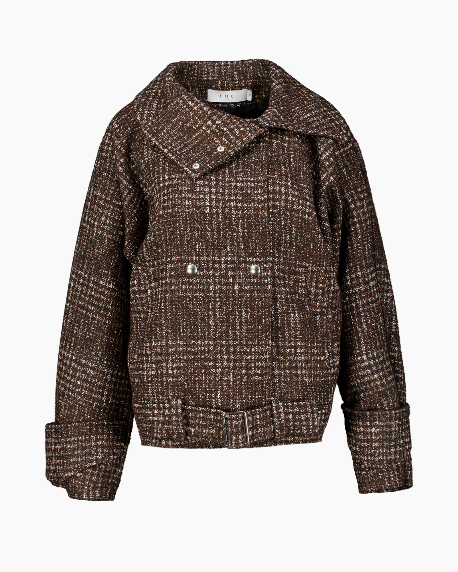 coat, tweed, brown, belted, double-breasted