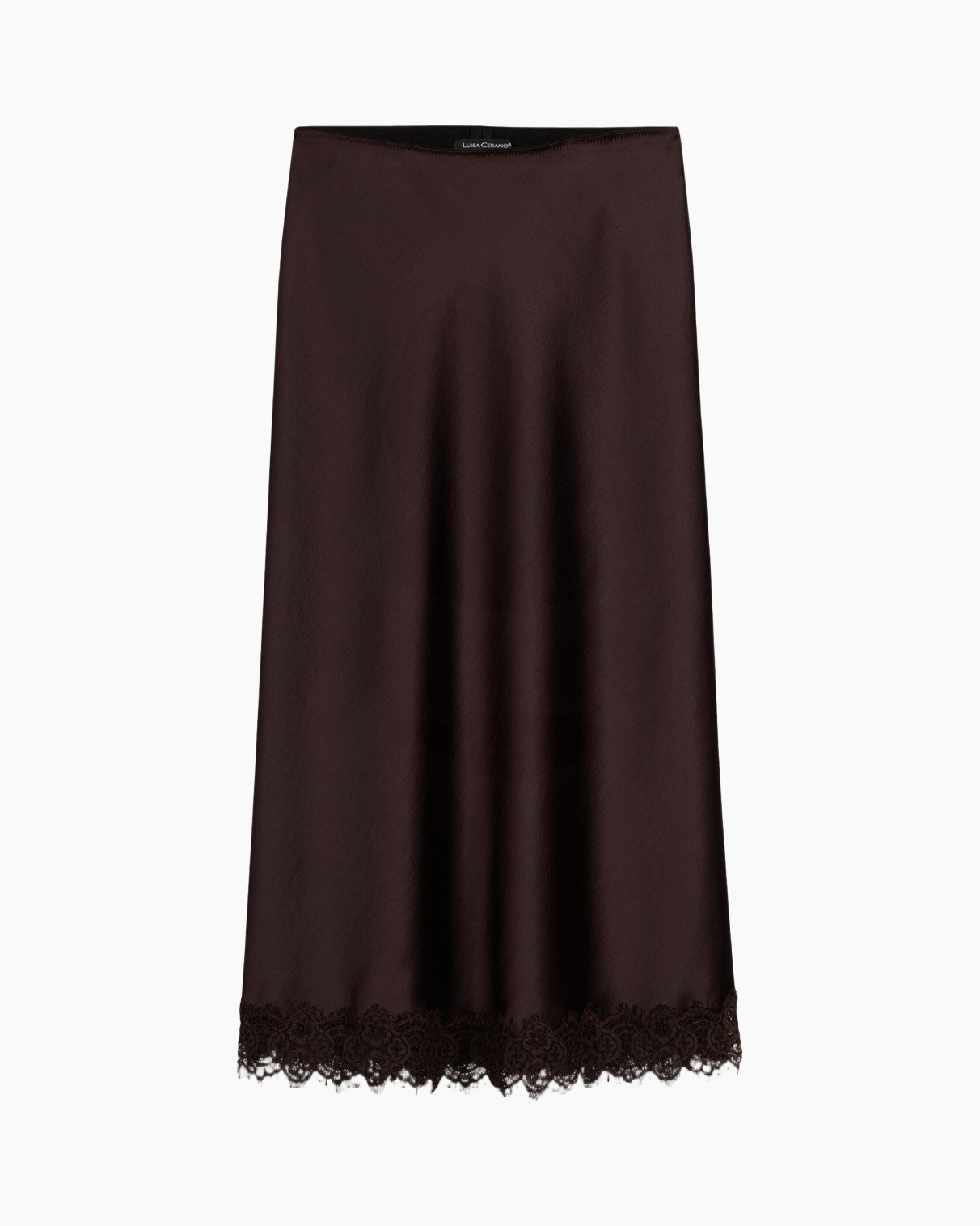 silk, skirt, brown, lace hem, mid-length