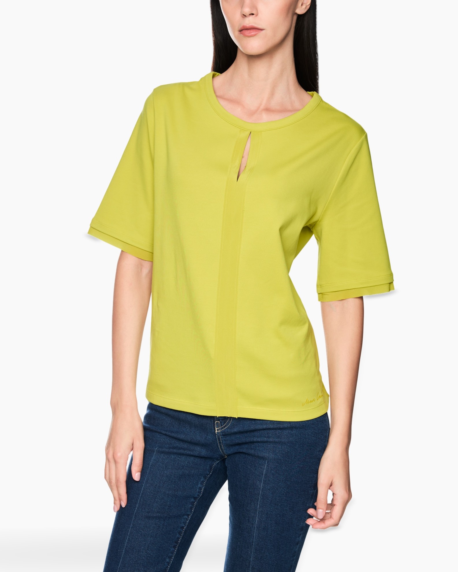 blouse, short sleeve, lime green, pleat detail, round neck