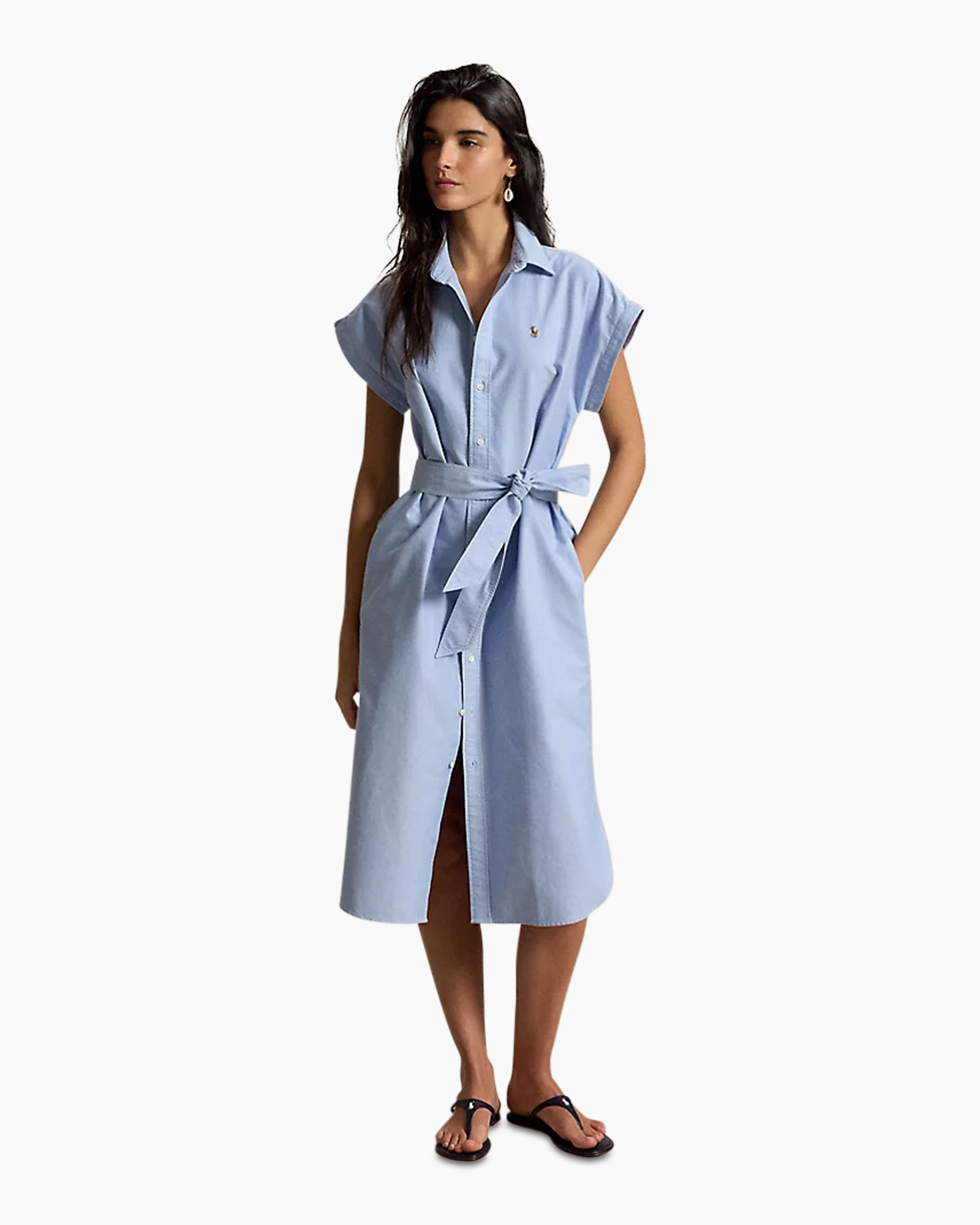 shirt dress, knee-length, belted, blue, short sleeves