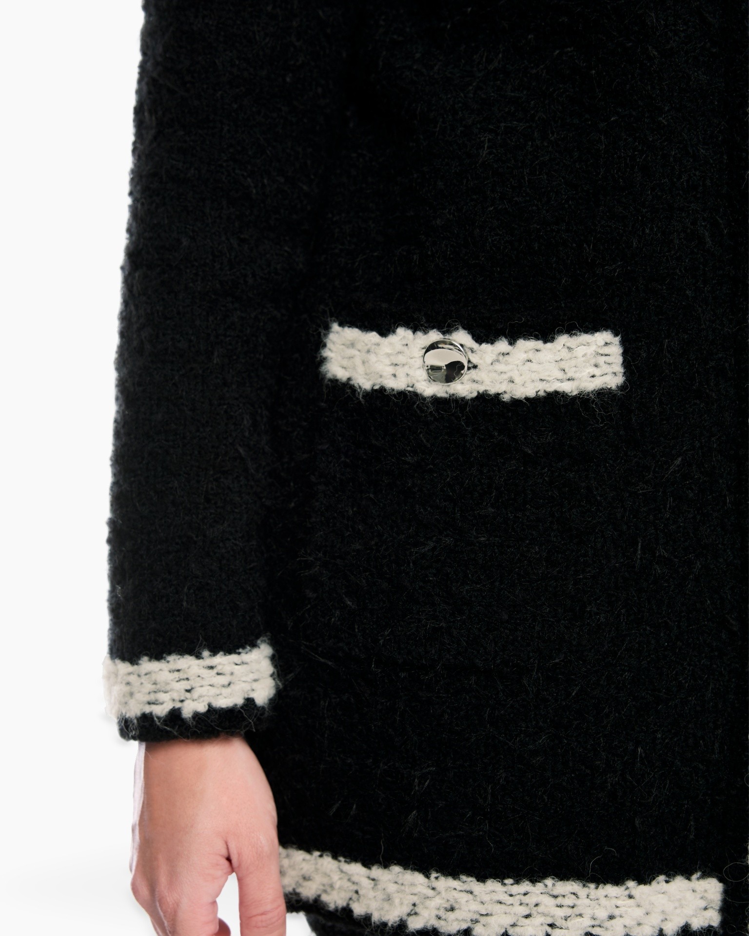 black, knit, trim, pocket, texture