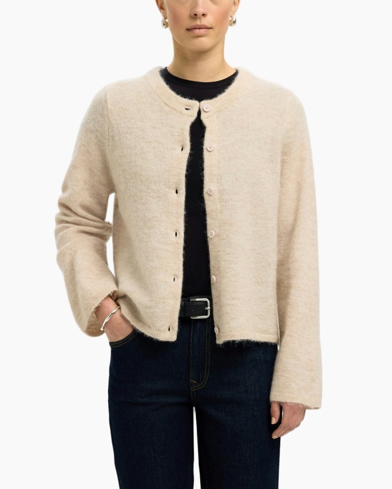 cardigan, beige, knit, button-front, long-sleeve