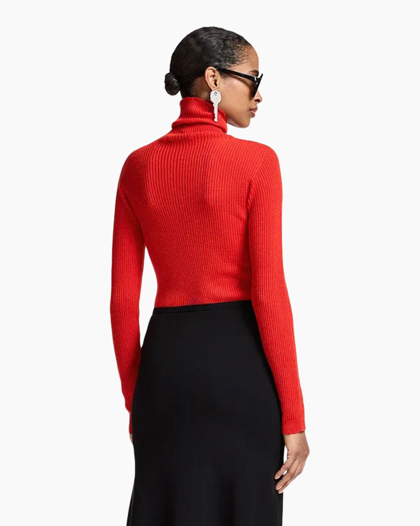 turtleneck, red, knit, sweater, bag