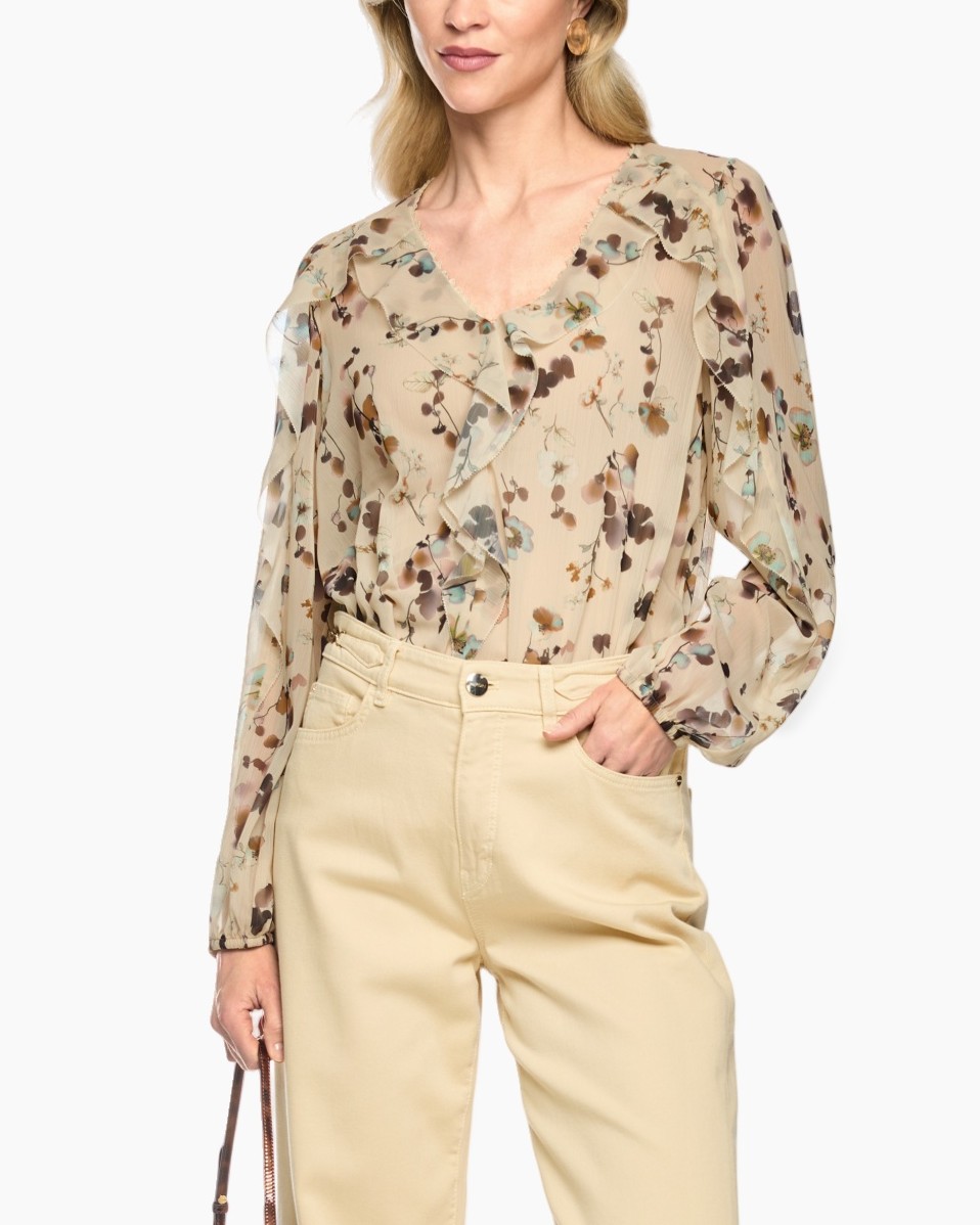 blouse, floral, sheer, long-sleeve, ruffle
