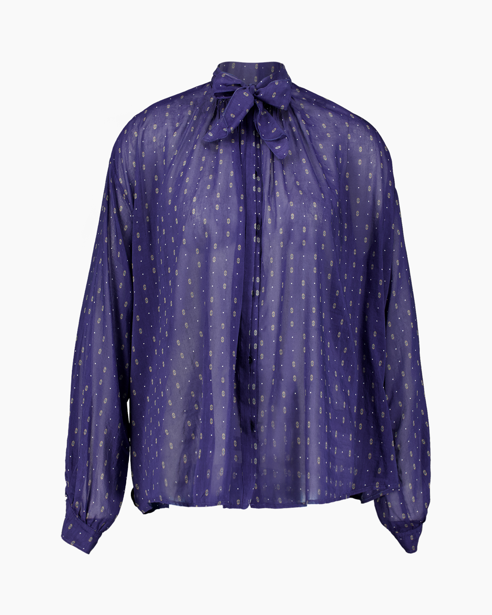 blouse, purple, polka-dot, long-sleeve, tie-neck