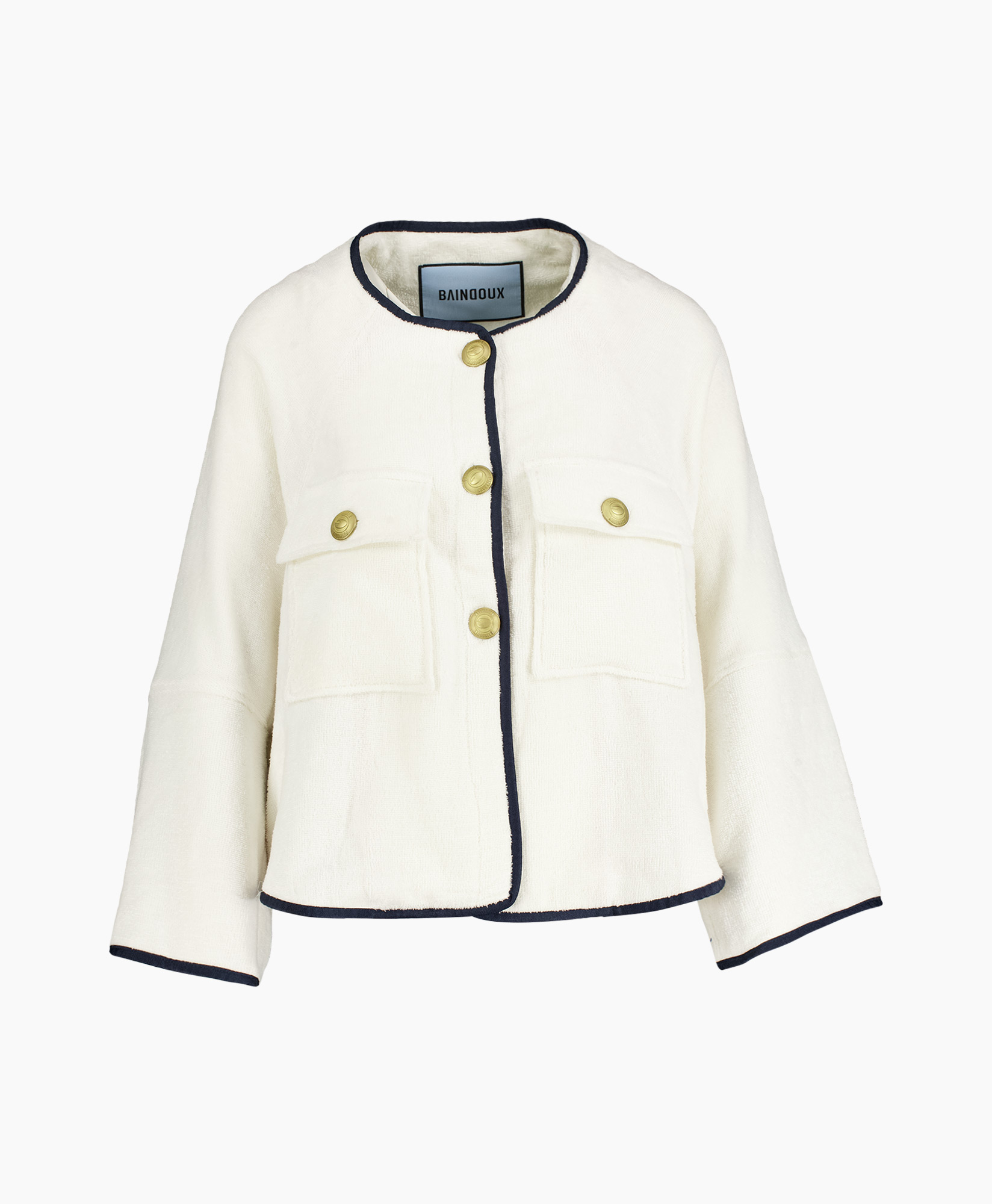 cropped jacket, double-breasted, button front, pocket flap, crem/ivory knit