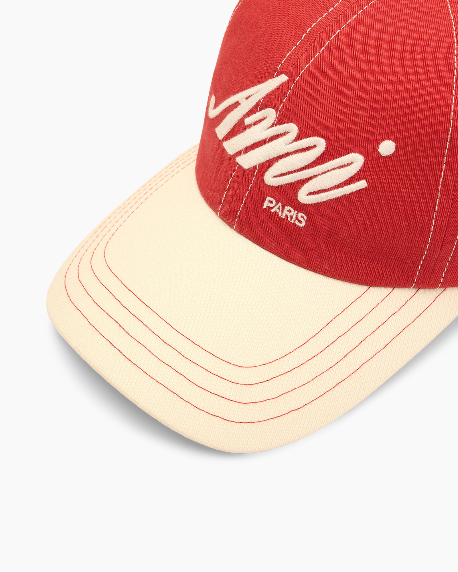 baseball cap, red cap, curved brim, two-tone, stitching