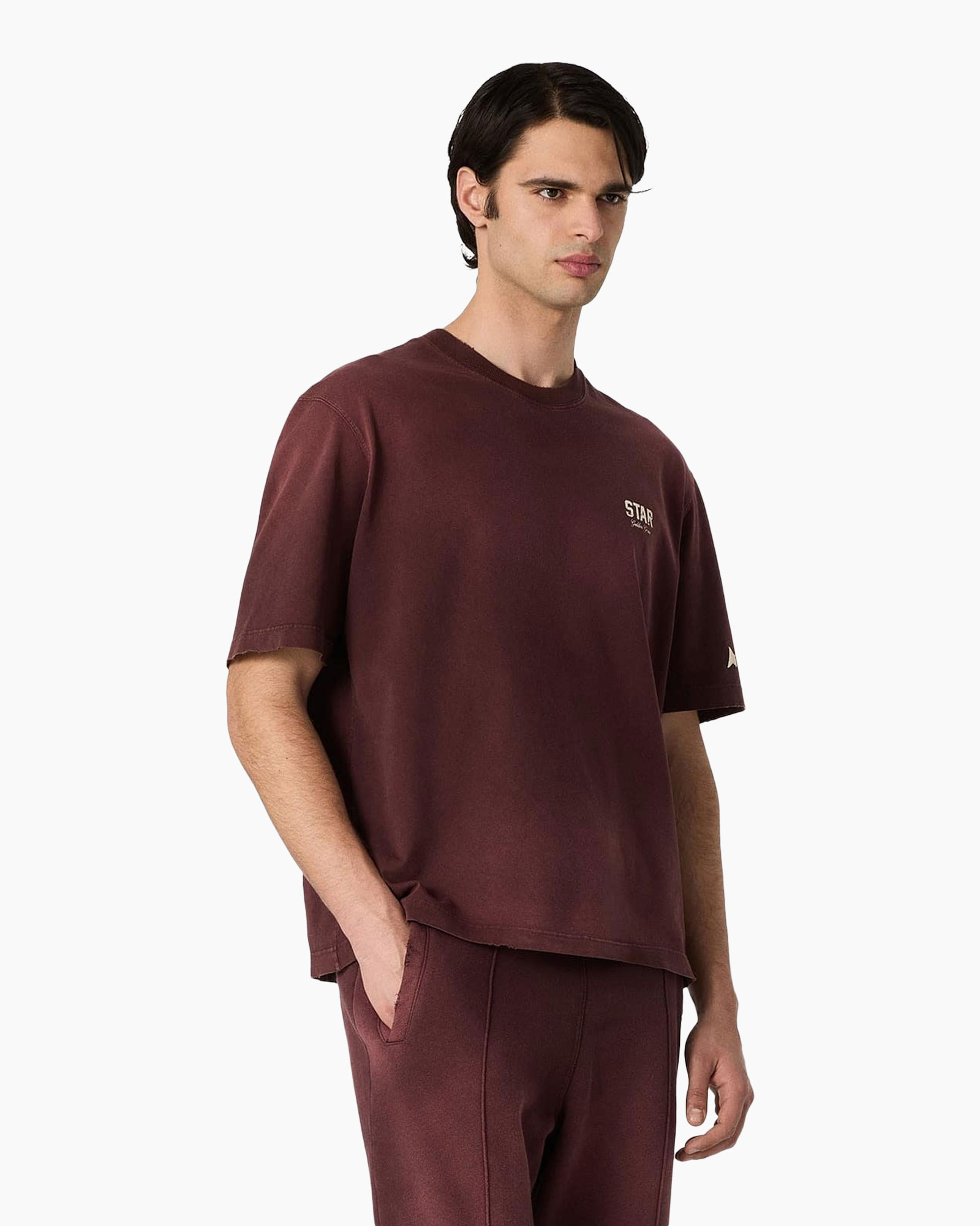t shirt, crew neck, short sleeve, maroon, solid color
