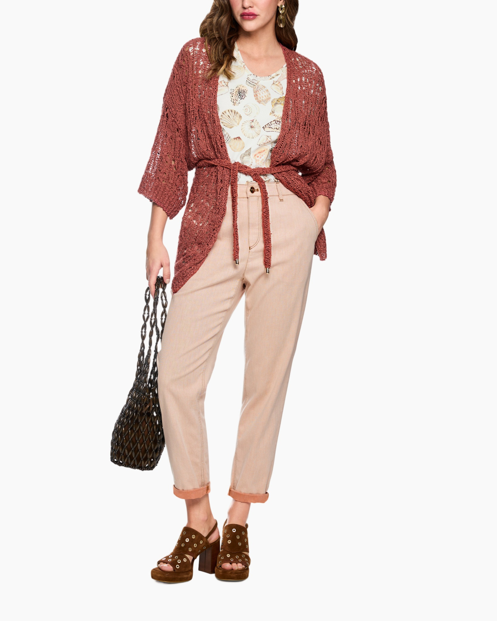 cardigan, crochet, belly knit cardigan, rose color, belted cardigan, wide sleeves, lace knit, top layer