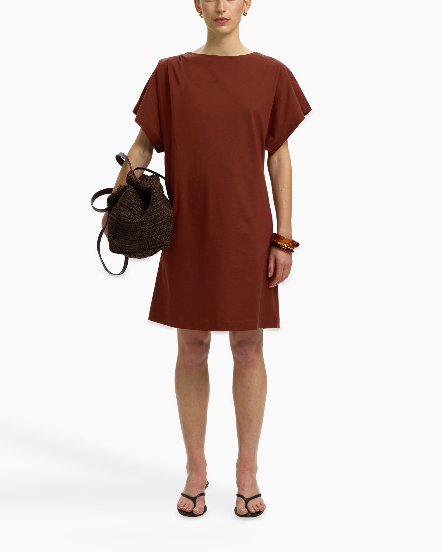 dress, short-sleeve, rust, linen-looking, minimalist