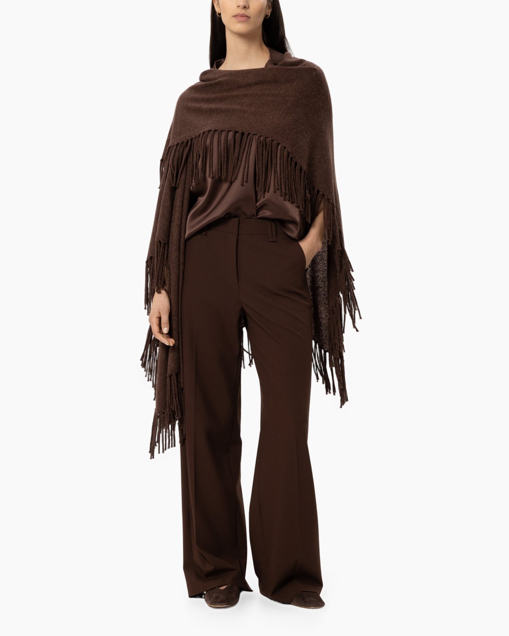 shawl, fringed, poncho, brown, plaid? no