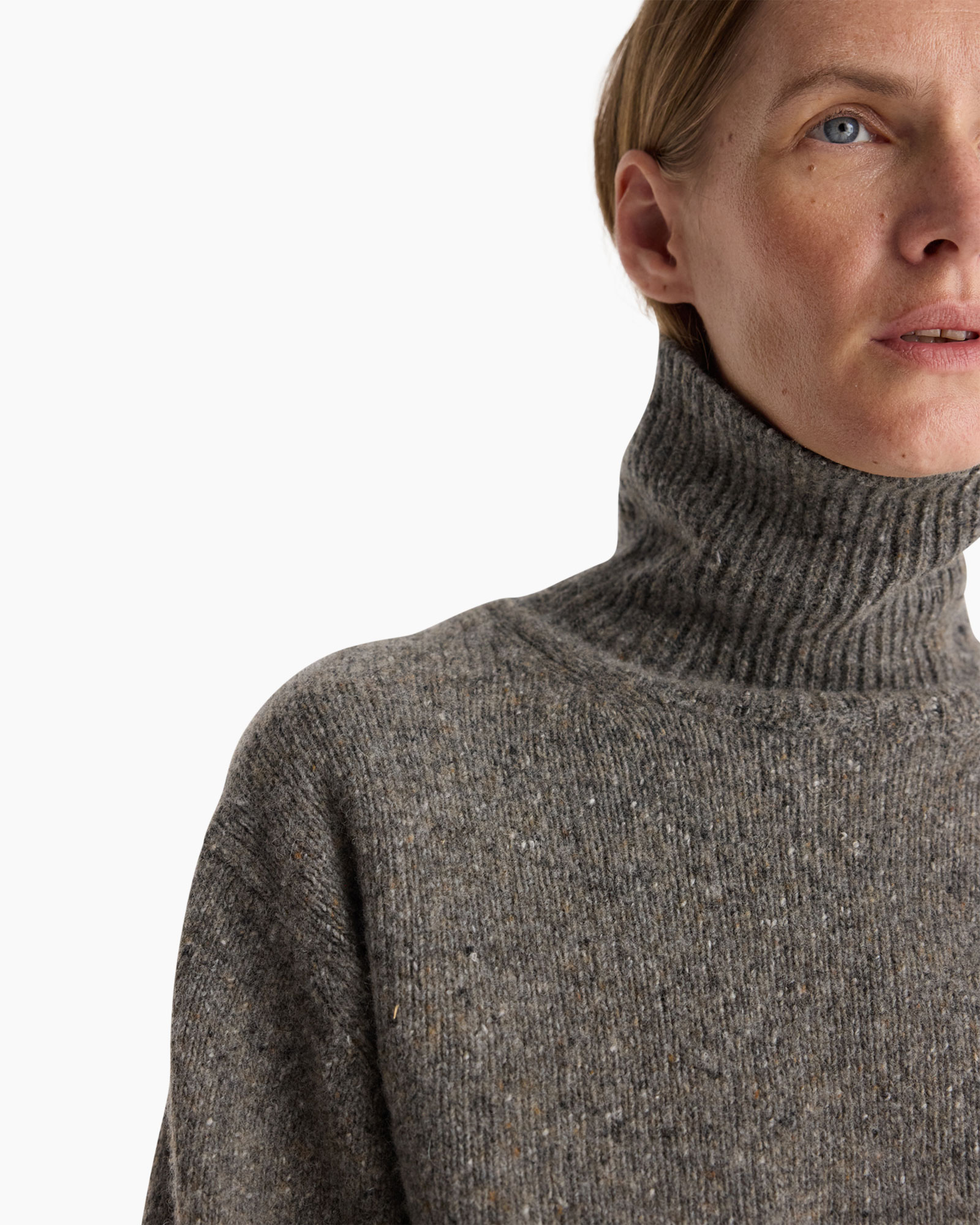 turtleneck, knit sweater, gray, speckled, high neck
