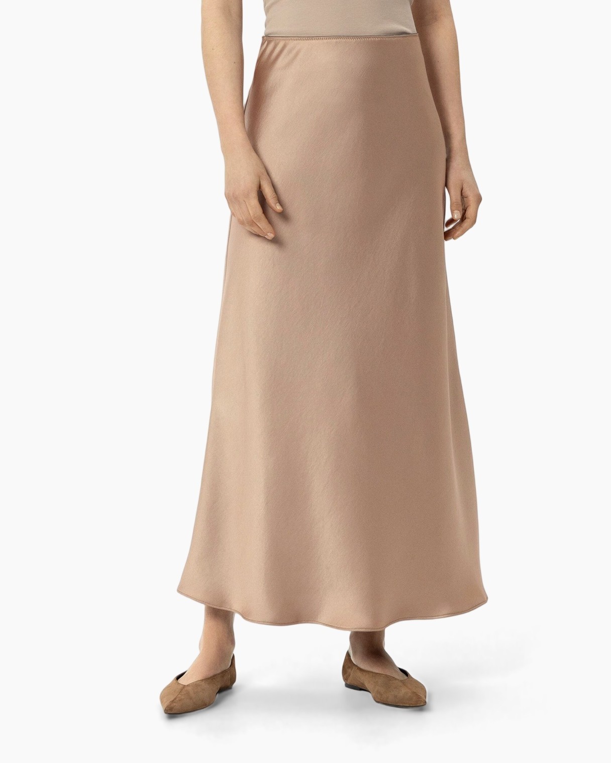 maxi skirt, beige, solid, ankle-length, slip-on flats