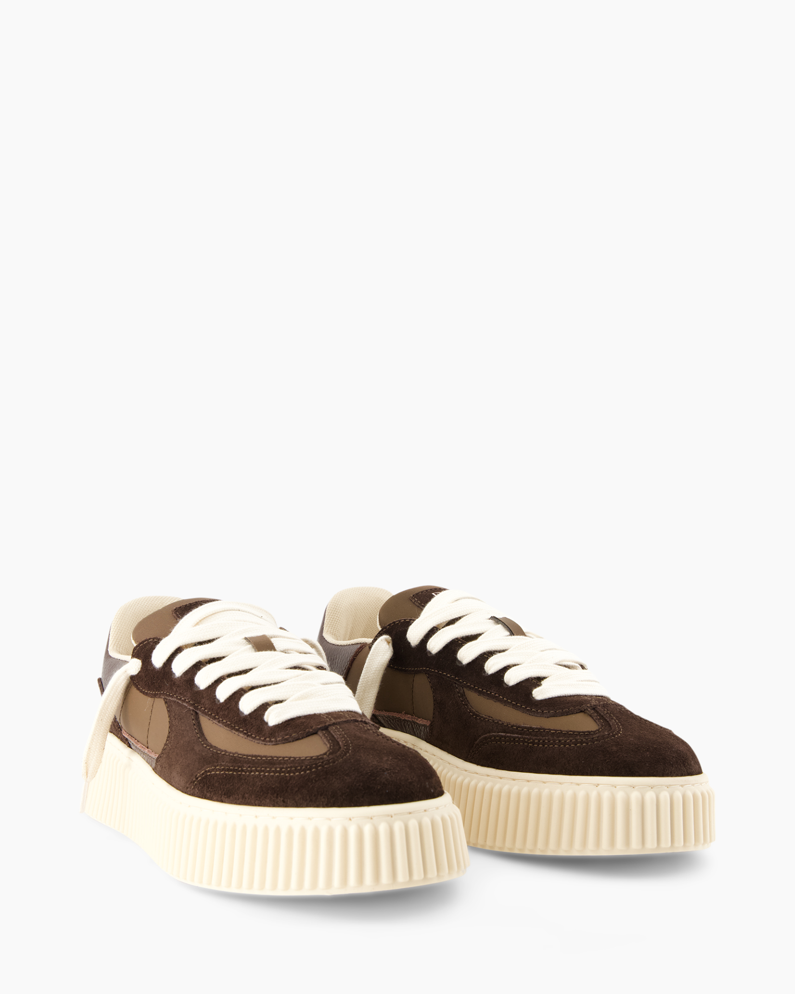 women's sneakers, brown suede, crepe sole, white laces, low-cut