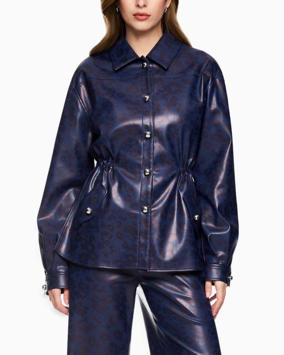 jacket, long sleeve, button front, drawstring waist, leather look