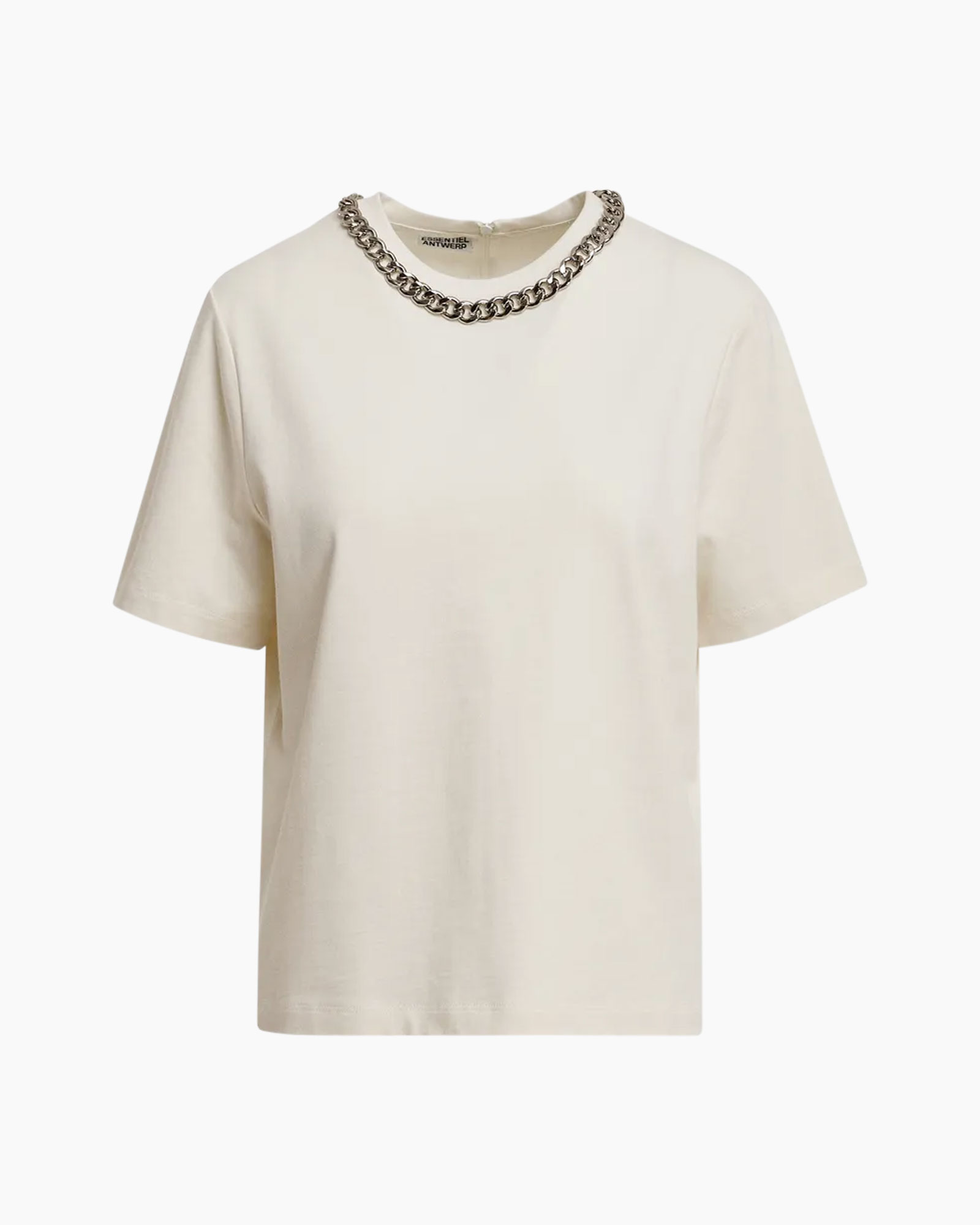 t-shirt, beige, short sleeves, crew neck, chain accessory