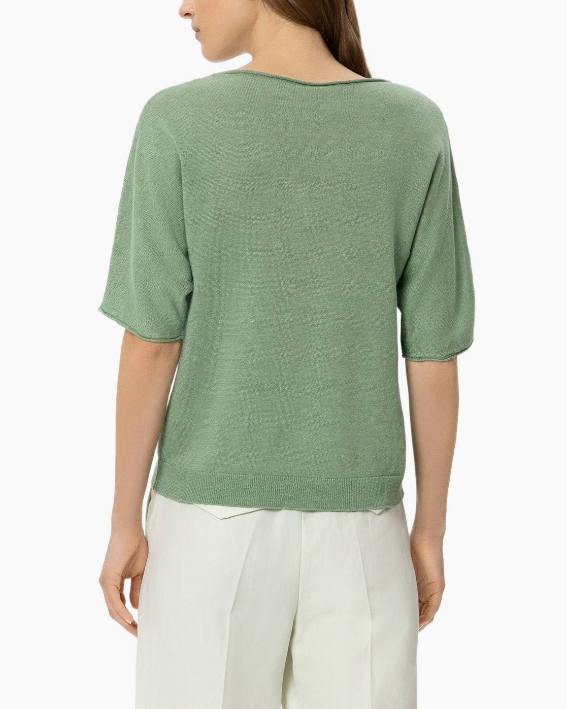 green top, V-neck, short sleeves, knit fabric, casual blouse