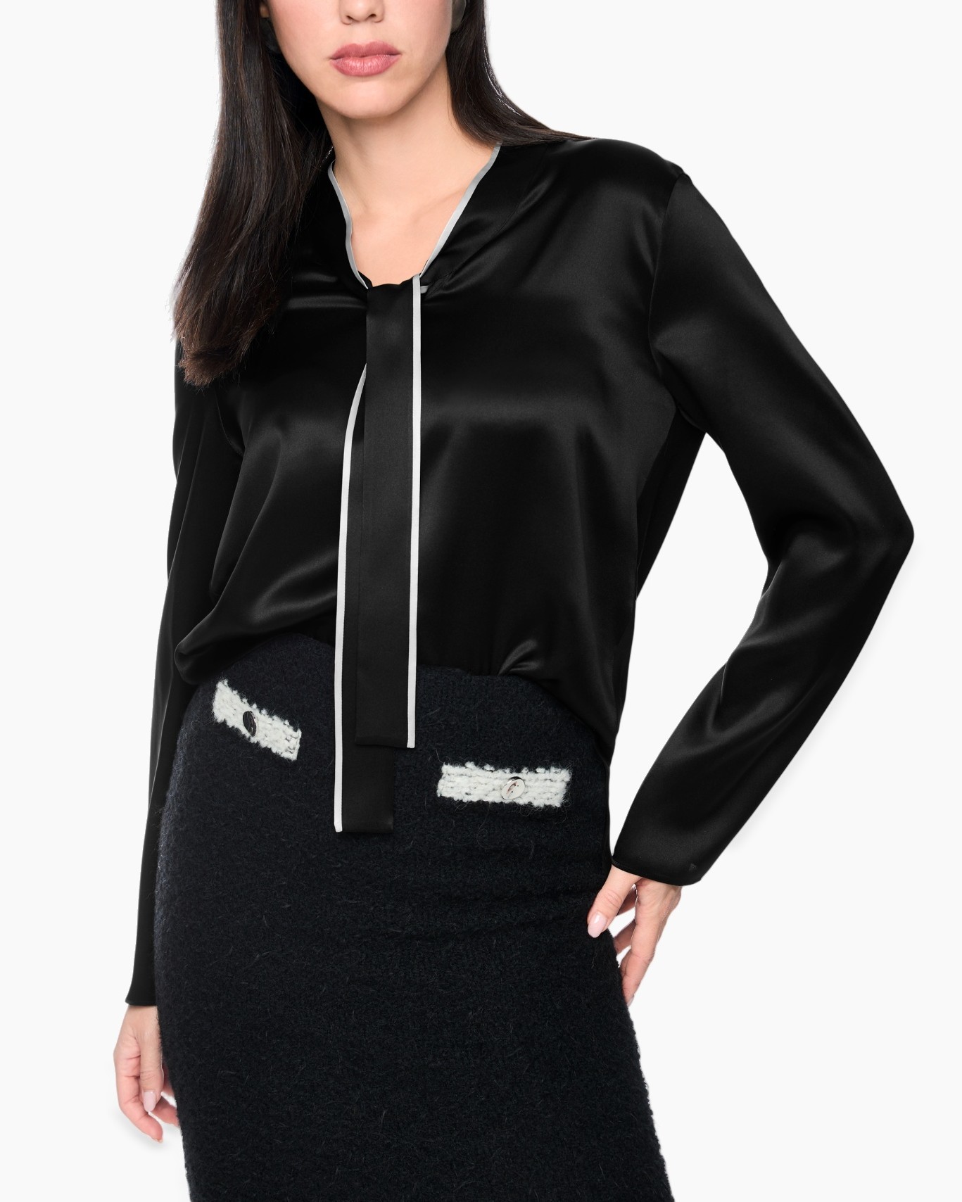 black blouse, satin, long sleeves, tie-neck, black skirt