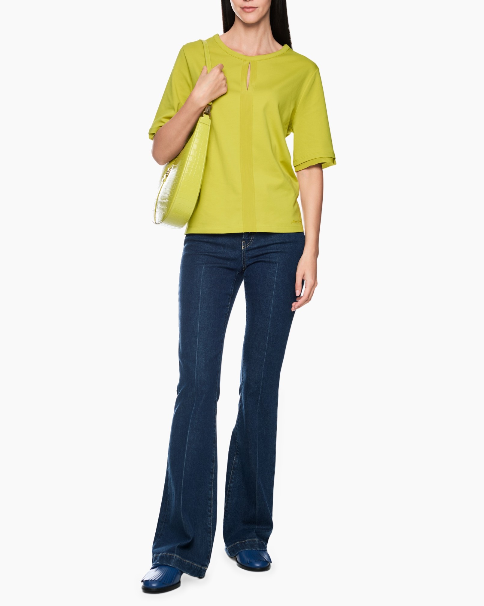 top, shirt, lime-green, short-sleeve, jeans