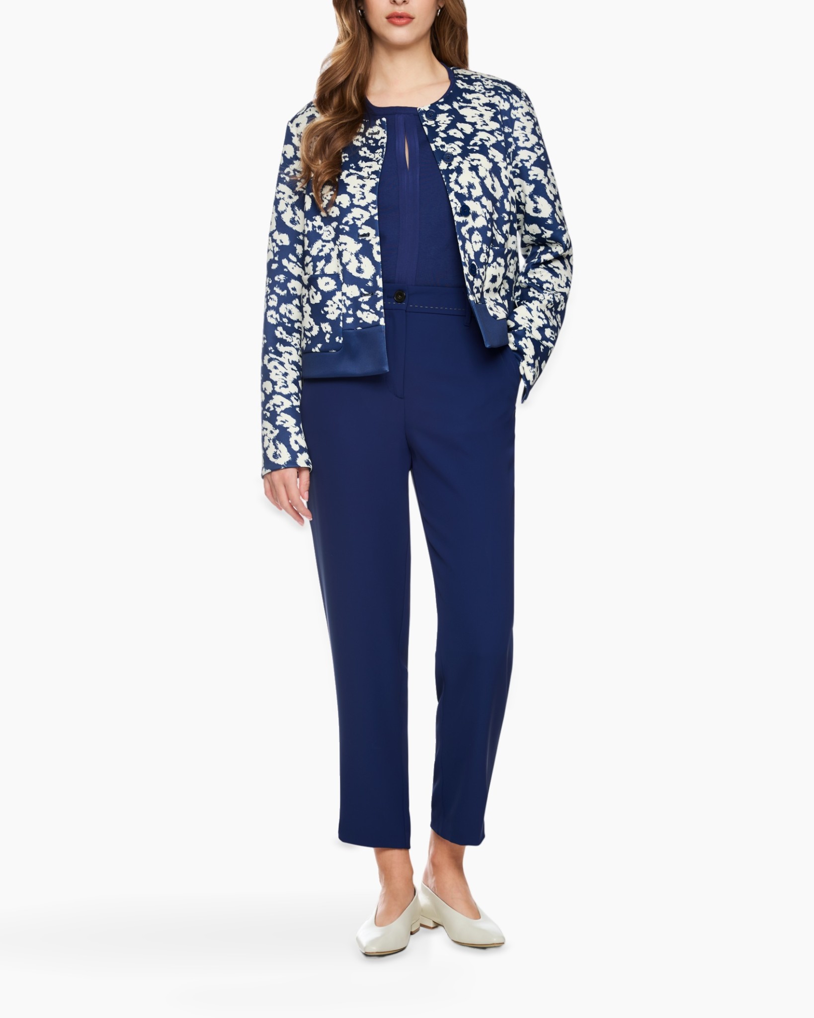 navy suit, blazer, patterned jacket, slacks, peep-toe flats