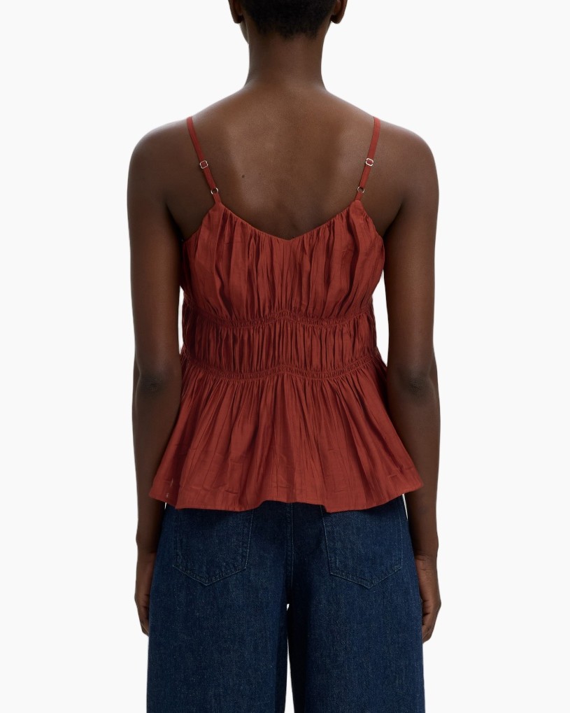 top, tank top, peplum, sleeveless, rust