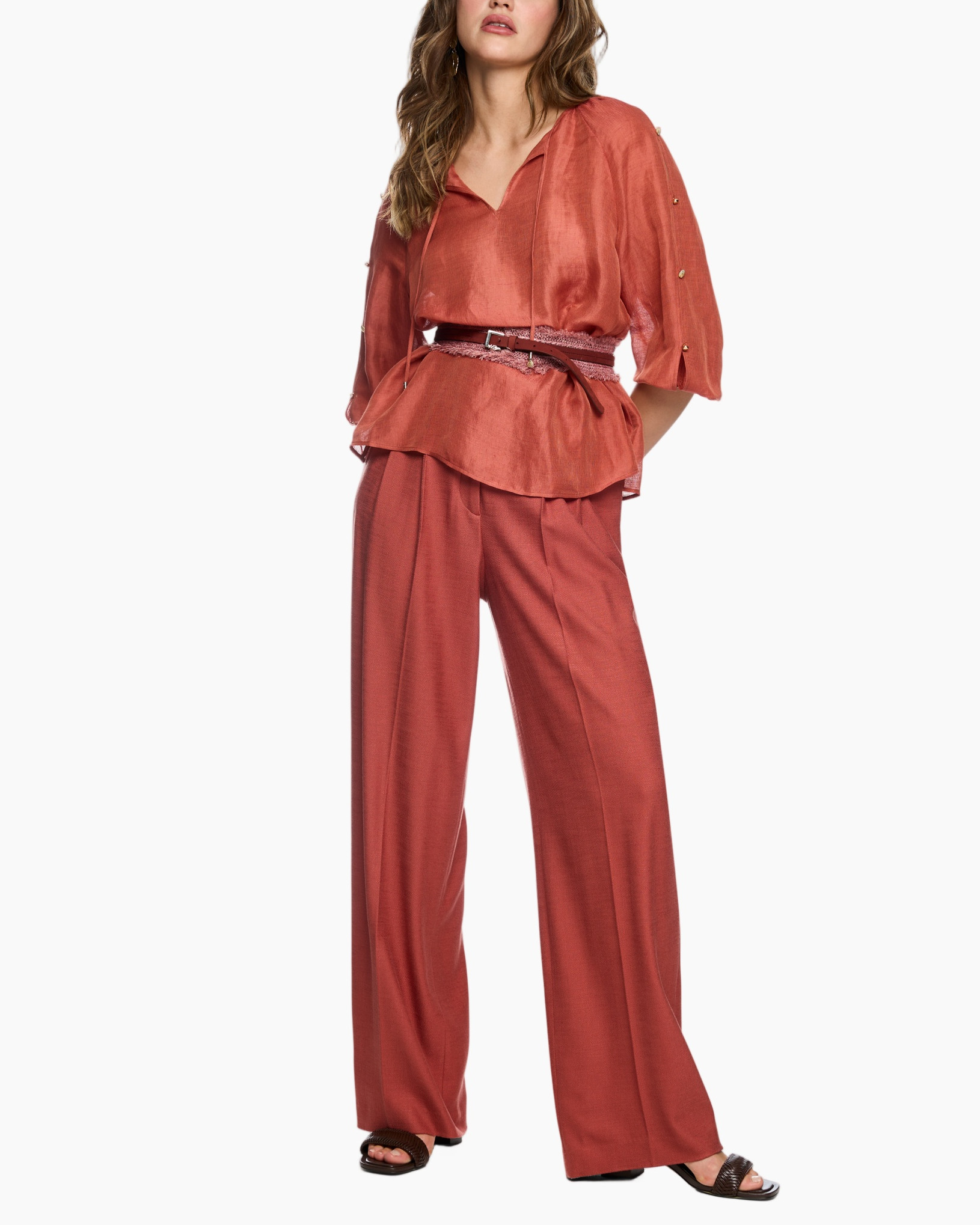 pants, wide-leg, rust, satin, belt