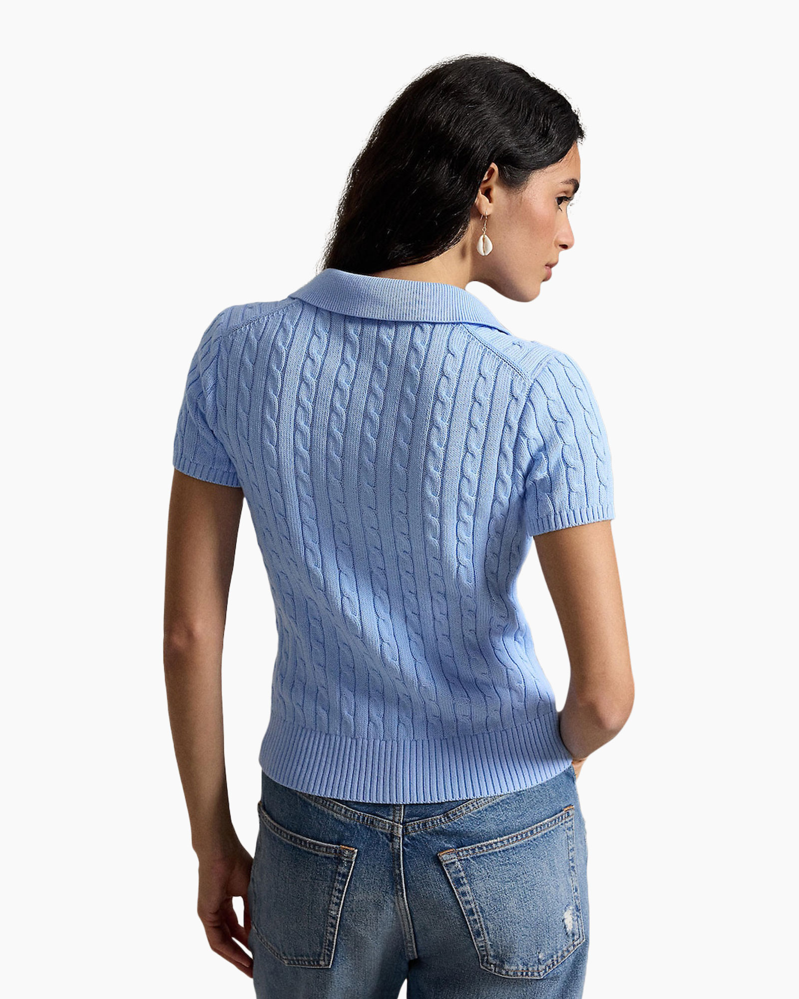 knit cardigan, short sleeves, button-front, polo collar, light blue