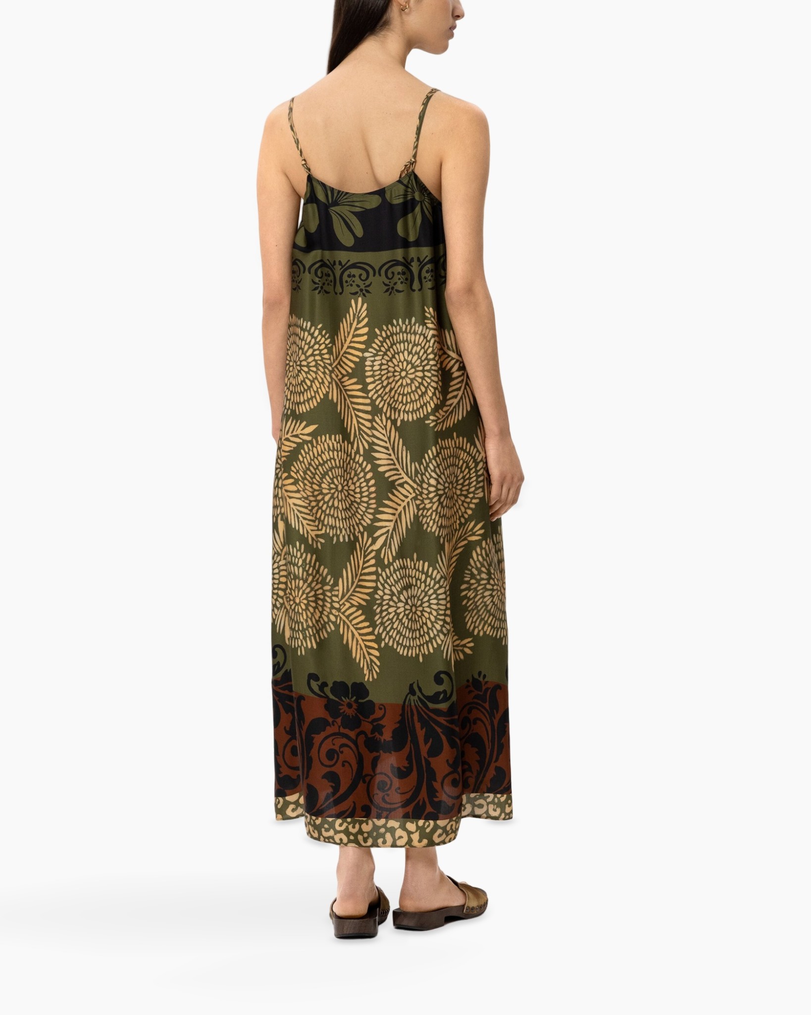 maxi dress, sleeveless, spaghetti straps, floral pattern, earth tones