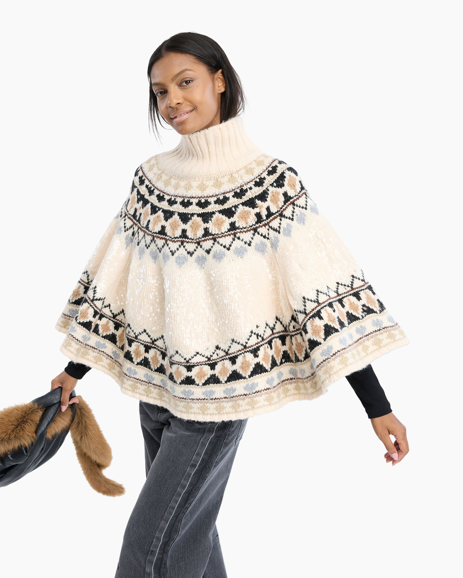 poncho, turtleneck, knit, pattern, beige