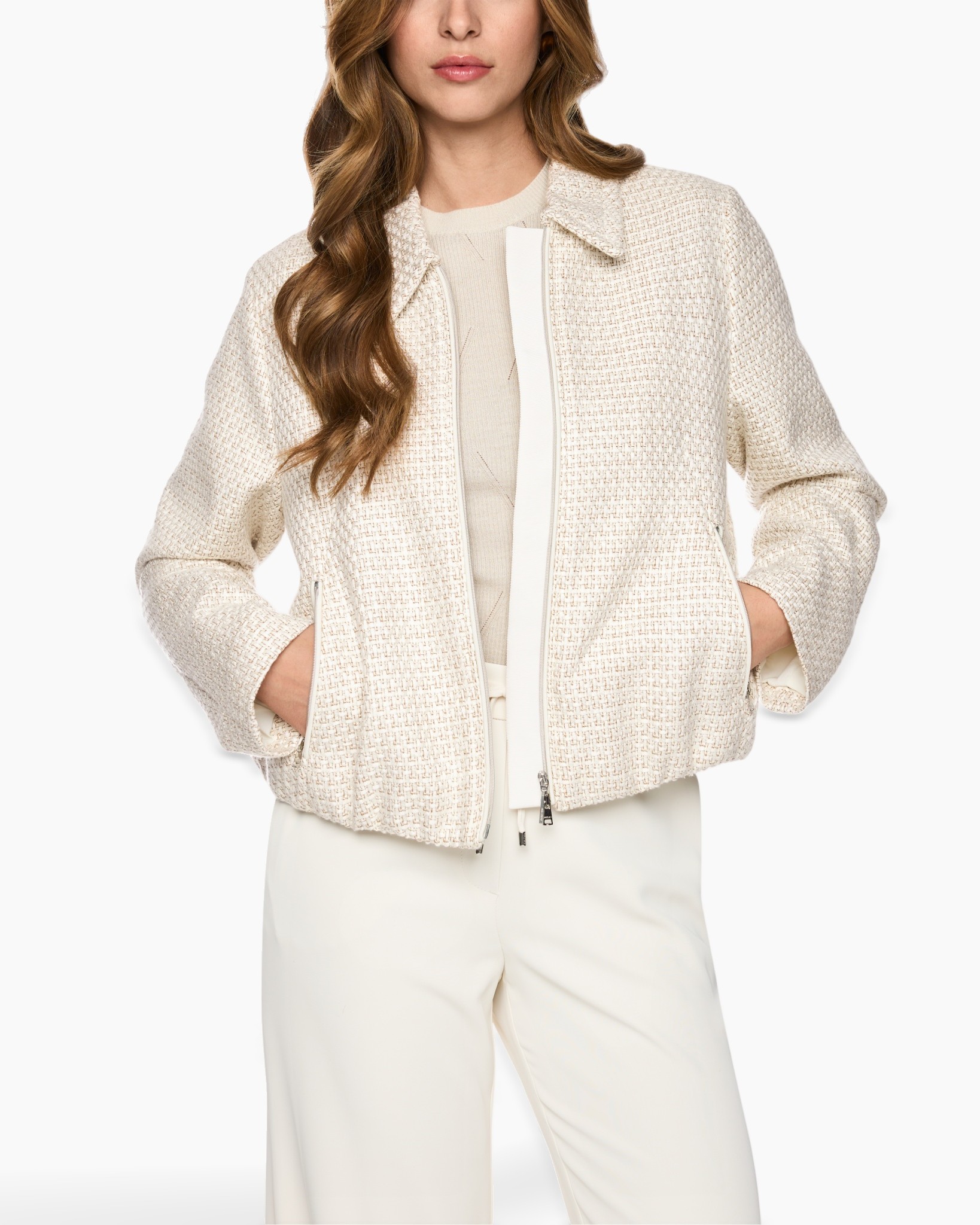 tweed jacket, cream cardigan, zipper jacket, woven texture, neutral color