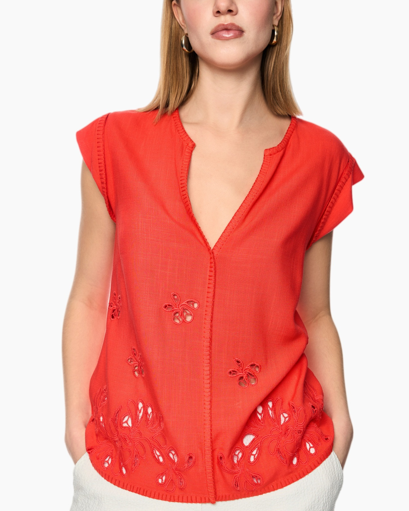 top, red, embroidered, eyelet, sleeveless