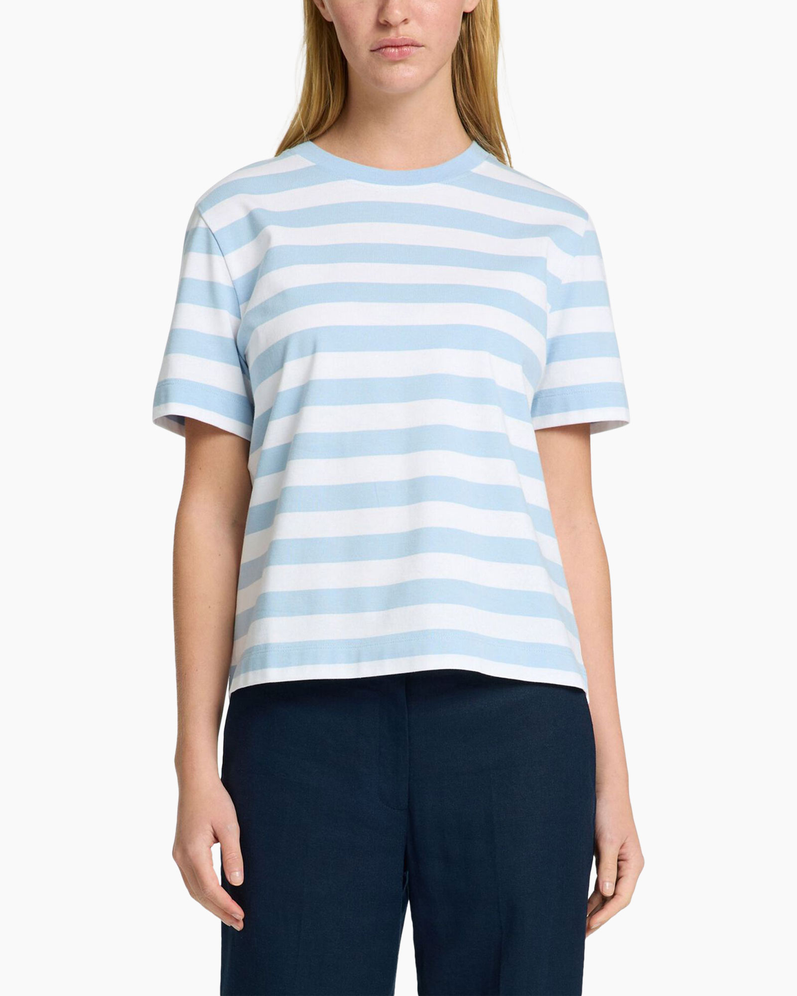 t-shirt, striped, short-sleeve, crew neck, light blue