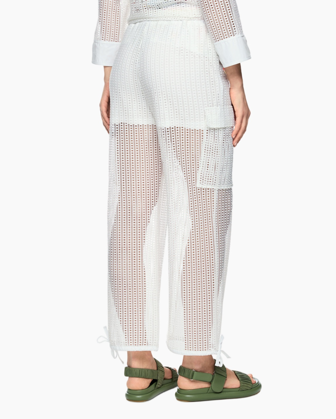 white crochet pants, mesh pants, openwork pants, drawstring waist, green sandals