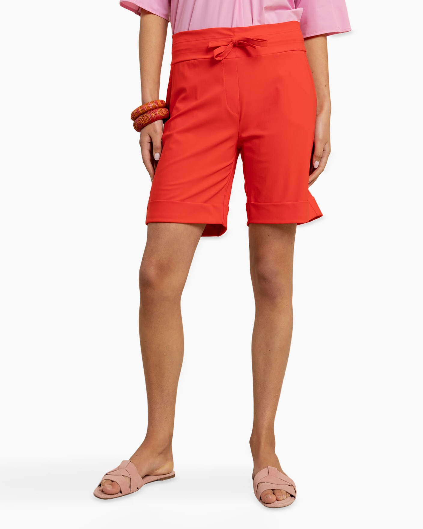 shorts, red, knee-length, tie-waist, slim fit