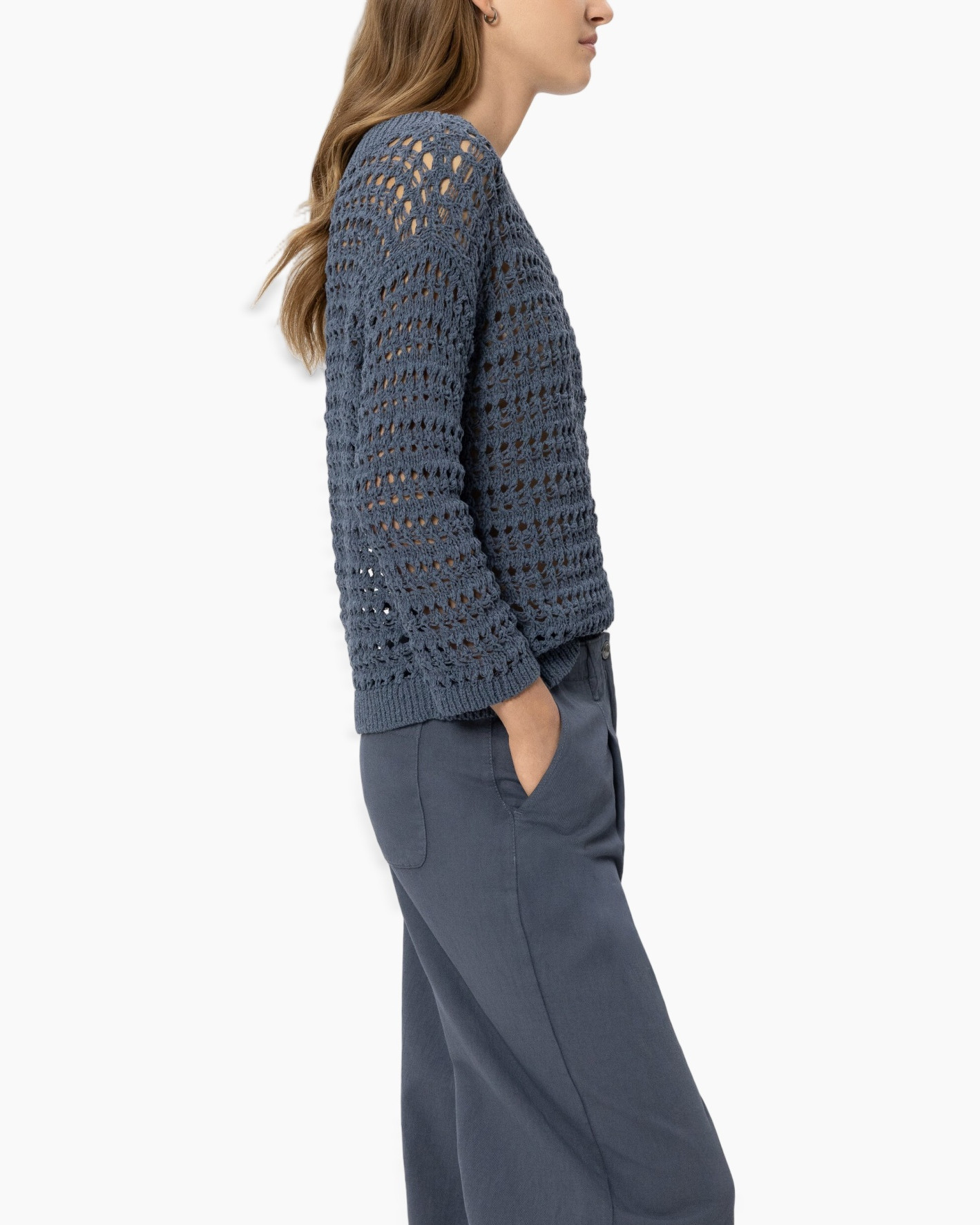 crochet sweater, long-sleeve, navy blue, textured knit, loose fit