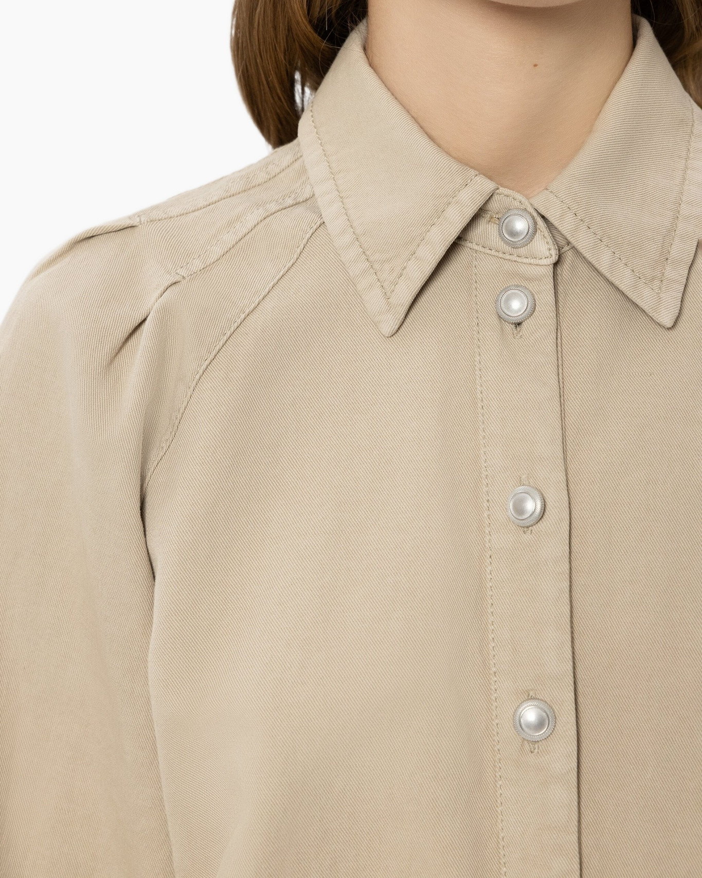 beige shirt, collar shirt, snap buttons, long sleeve, cotton twill