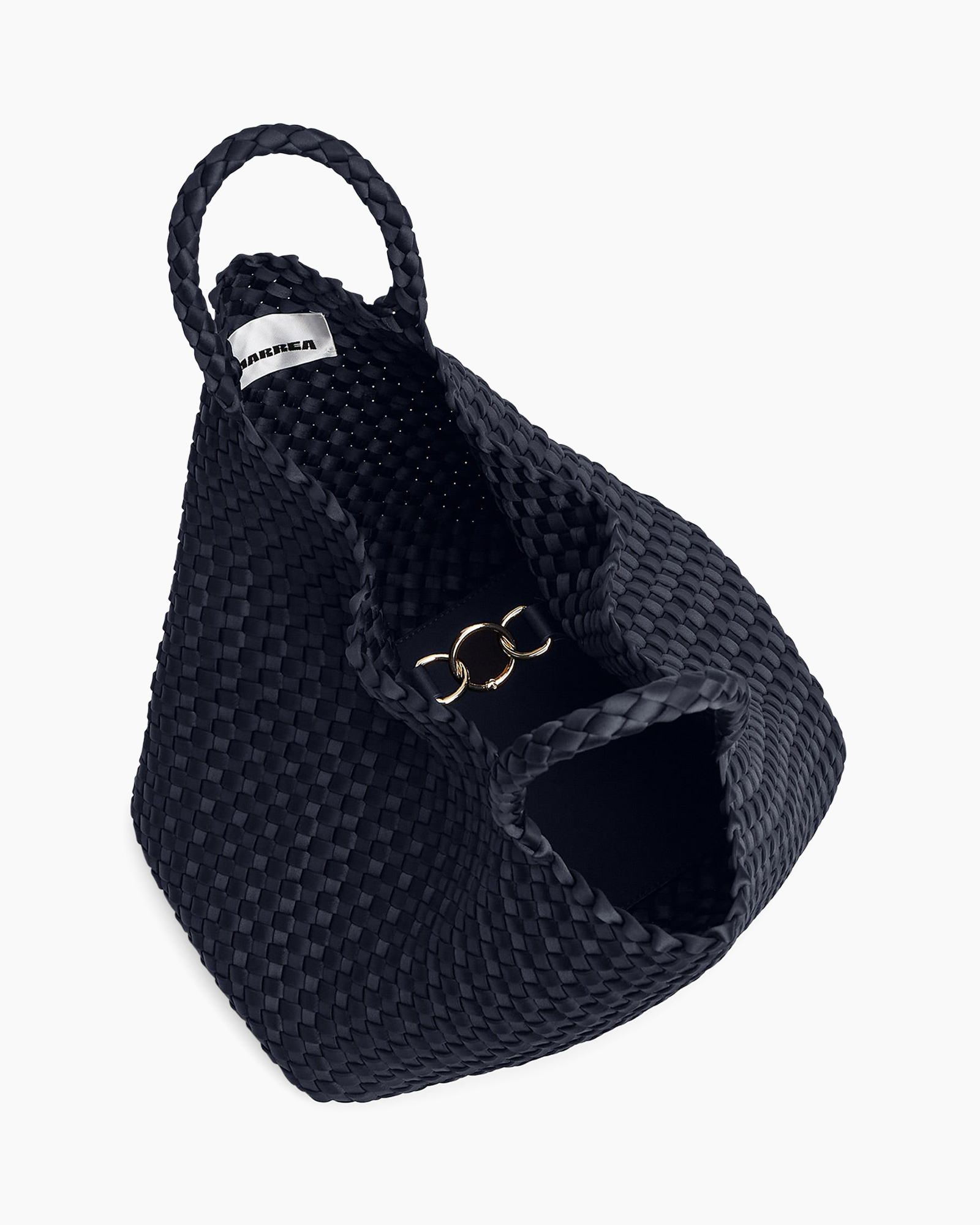 woven bag, bucket bag, navy color, handbag, metal ring hardware