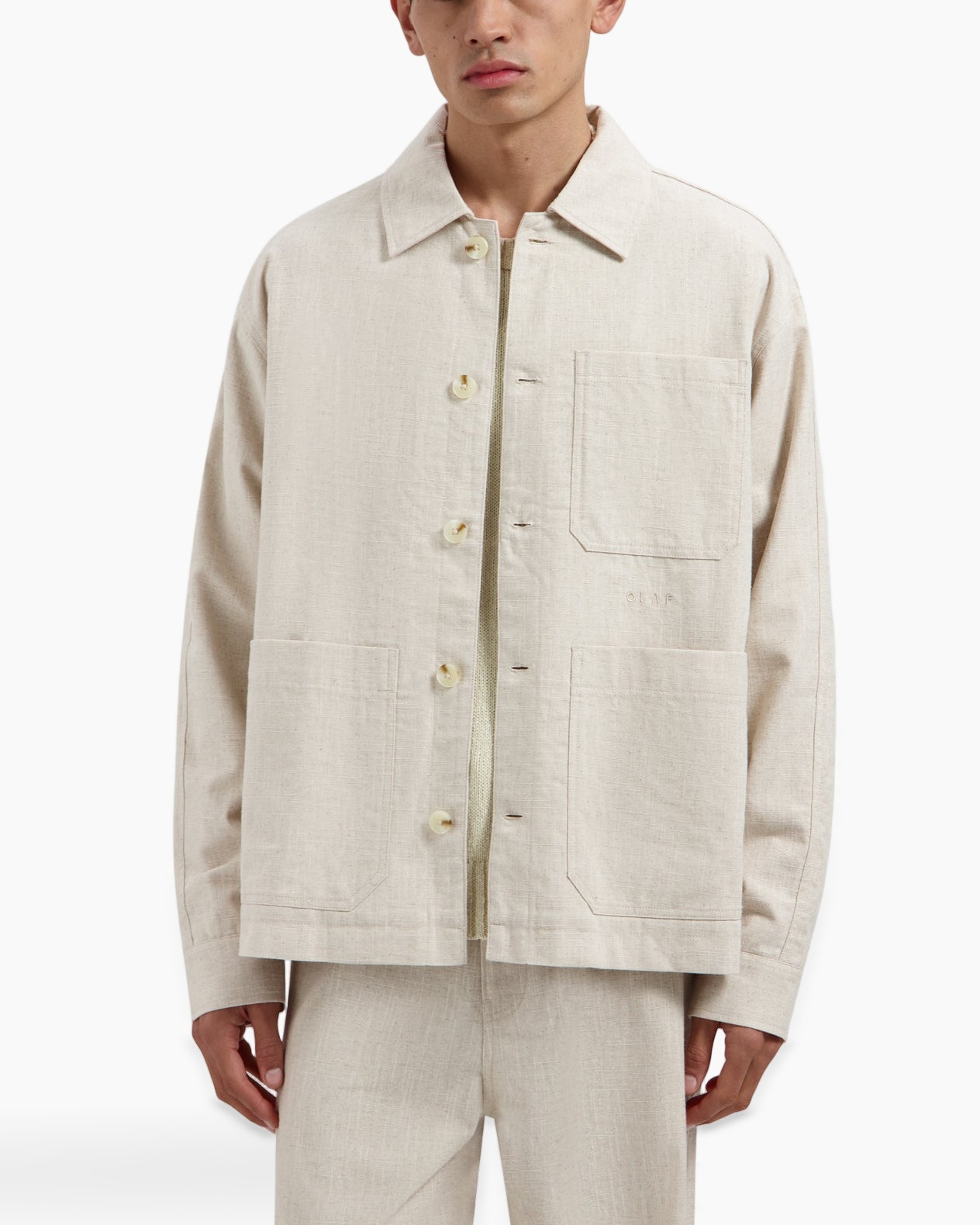 beige jacket, button-front, loose fit, patch pockets, collared shirt jacket