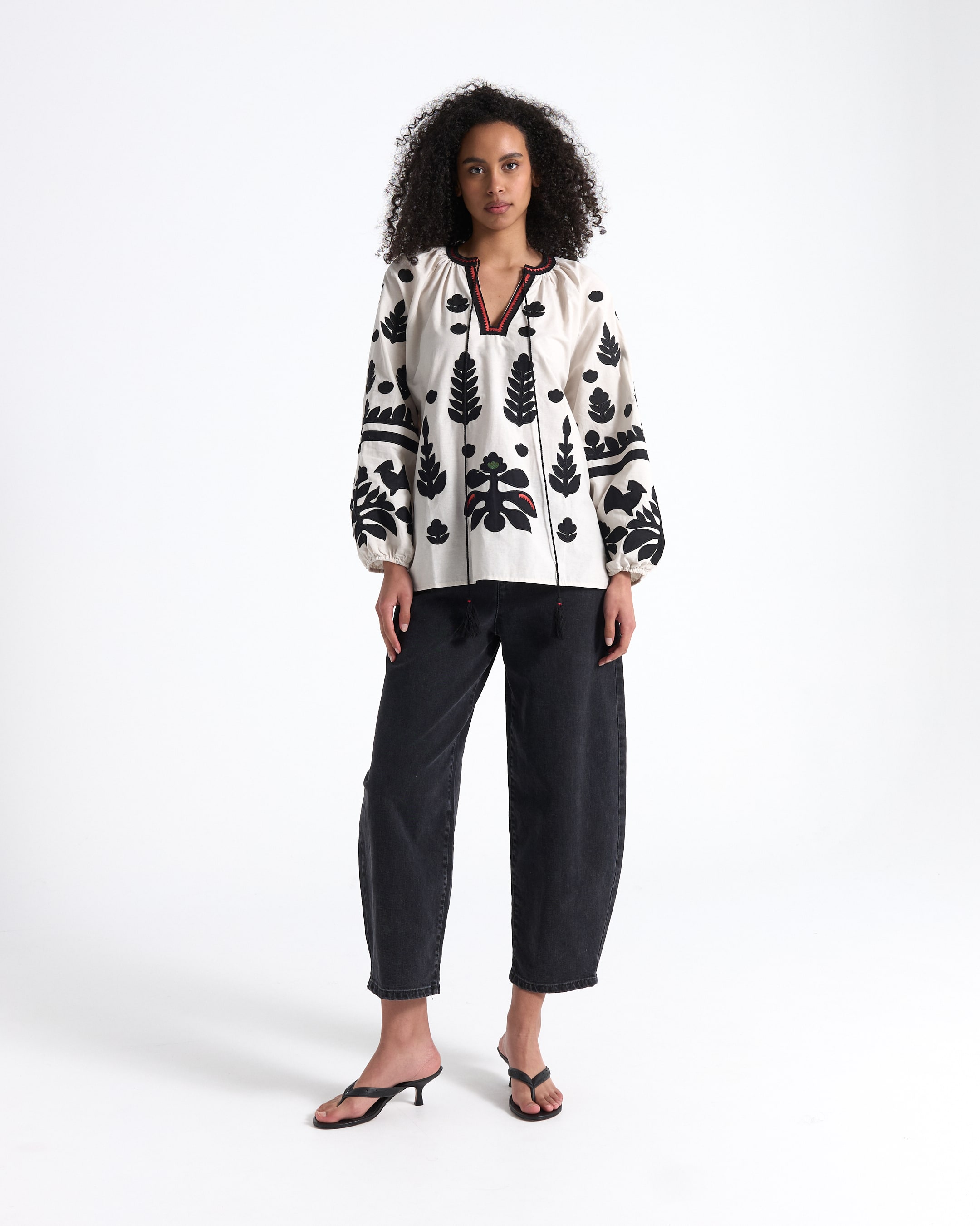 top, blouse, embroidered, black pattern, long sleeves
