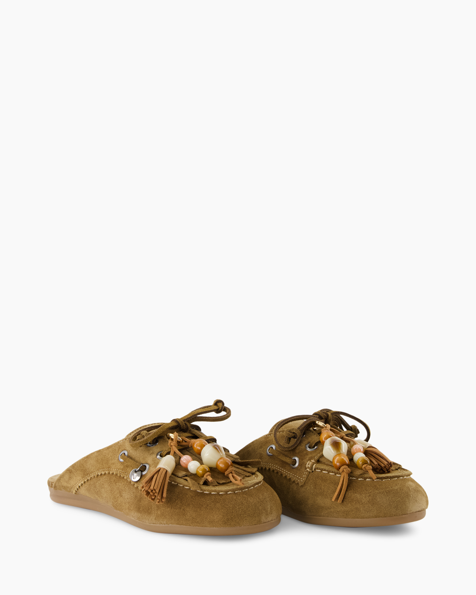slipper, mule, suede, beige, beaded-ornament