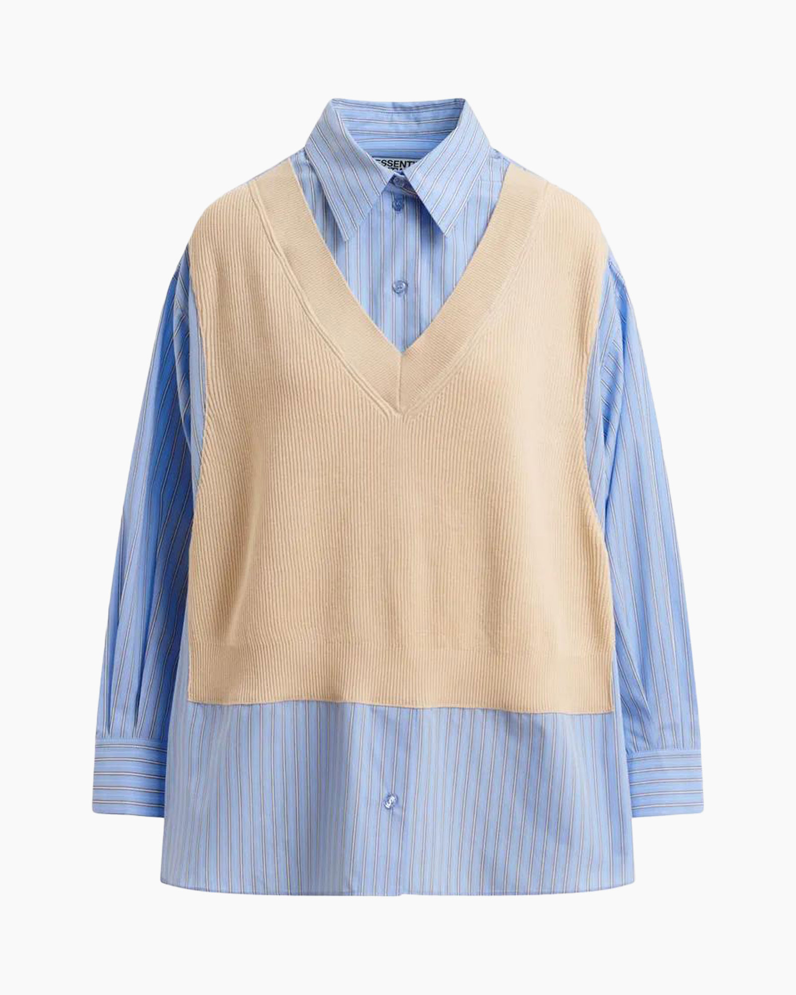sweater vest, beige vest, v-neck, layered knit, blue striped shirt