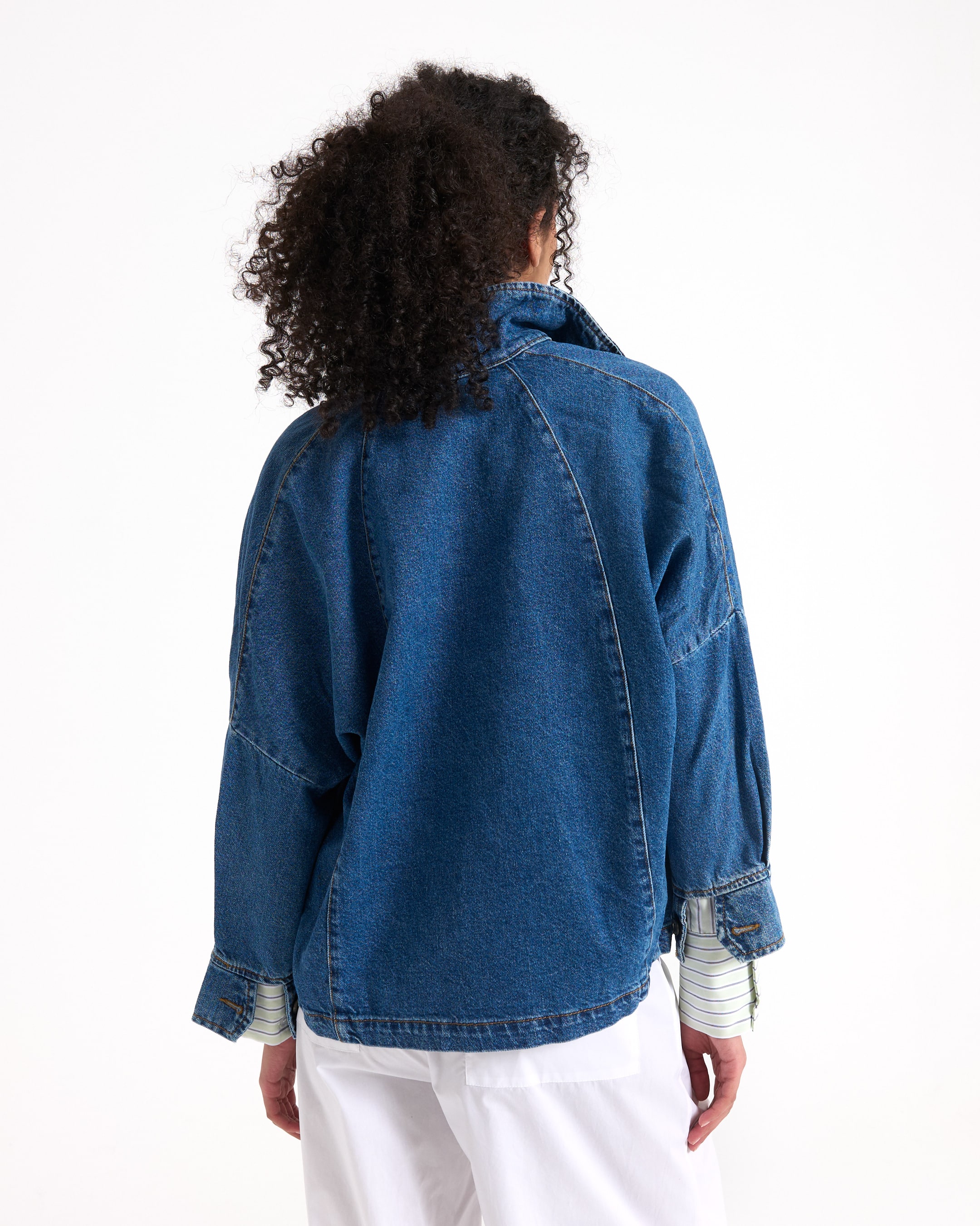 denim jacket, blue jean, oversized, long sleeve, back view