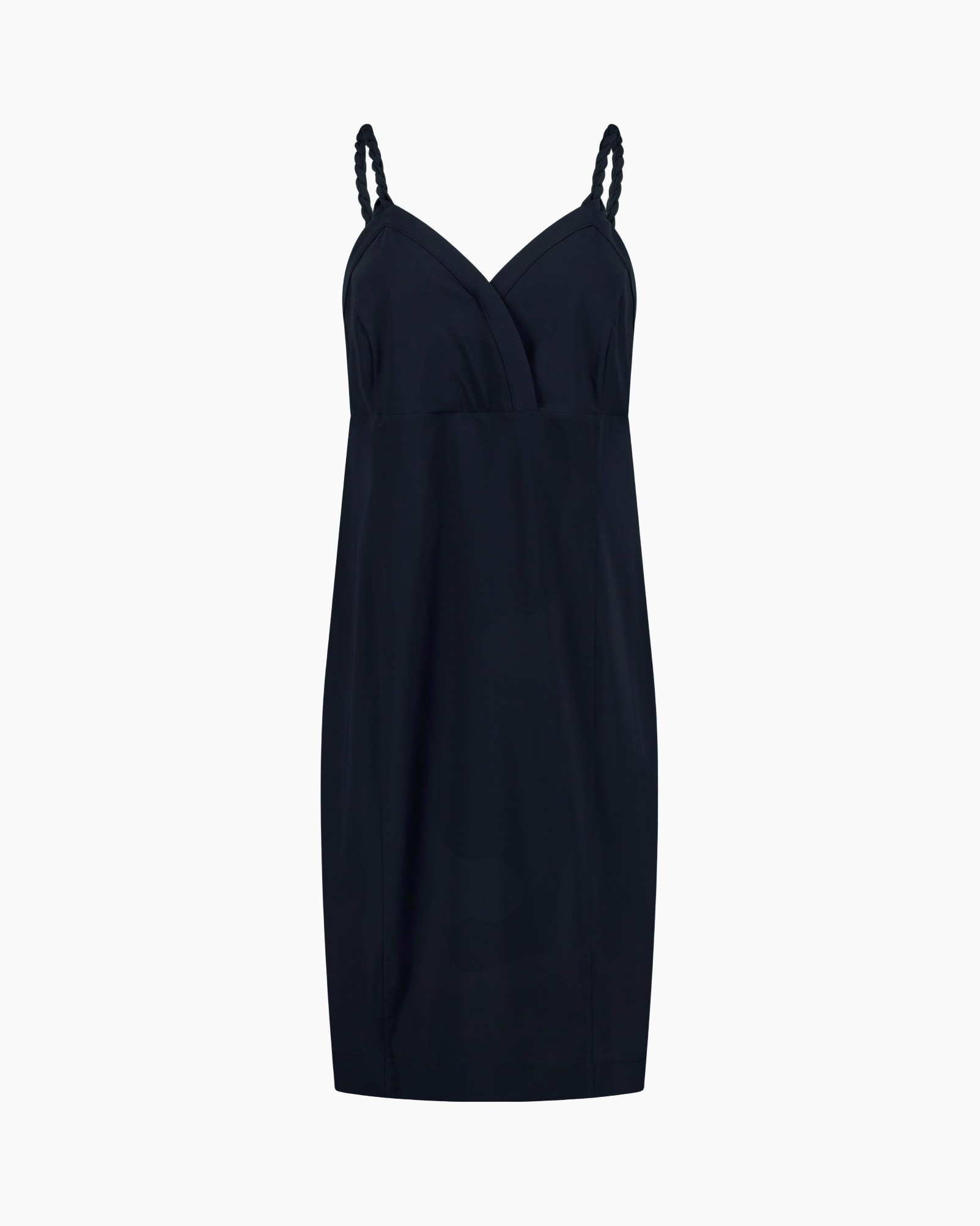 navy dress, sleeveless, spaghetti straps, v-neck, knee-length