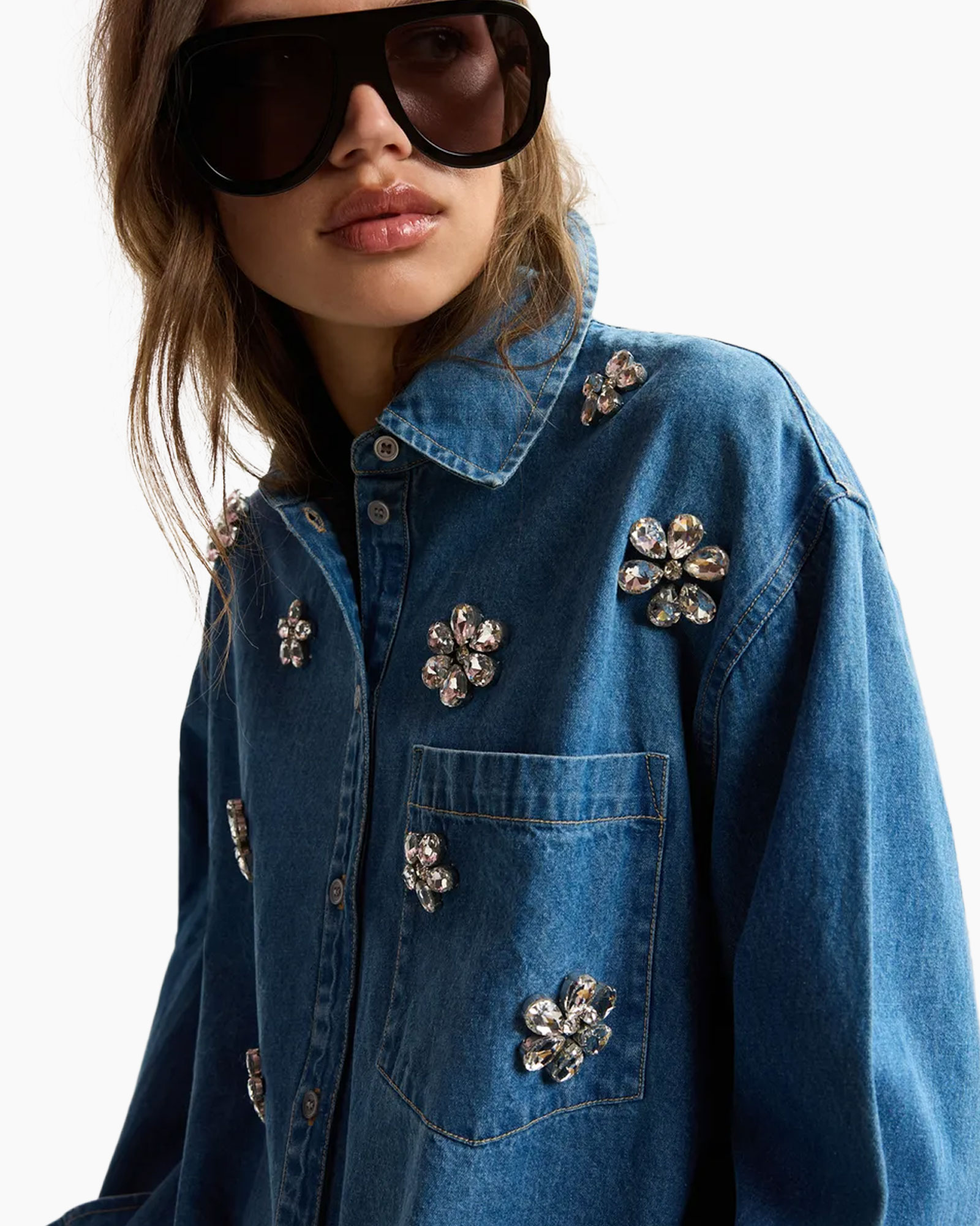 denim shirt, jean jacket, floral embellishments, pocket, sleeve detail